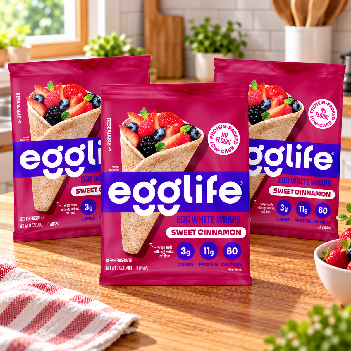 egglife Sweet Cinnamon Egg White Wraps — 3 Packs × 6 ct / 6 oz Each
