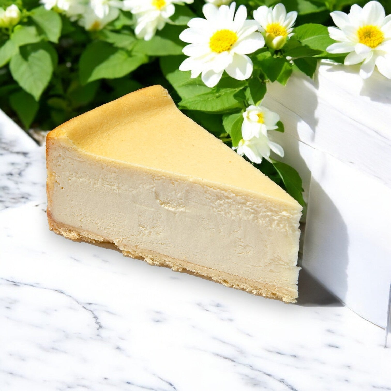 A slice of Eli's Cheesecake 9" Original Plain Cheesecake sits elegantly on a marble surface with its buttery shortbread cookie crust, accompanied by white flowers in the background.