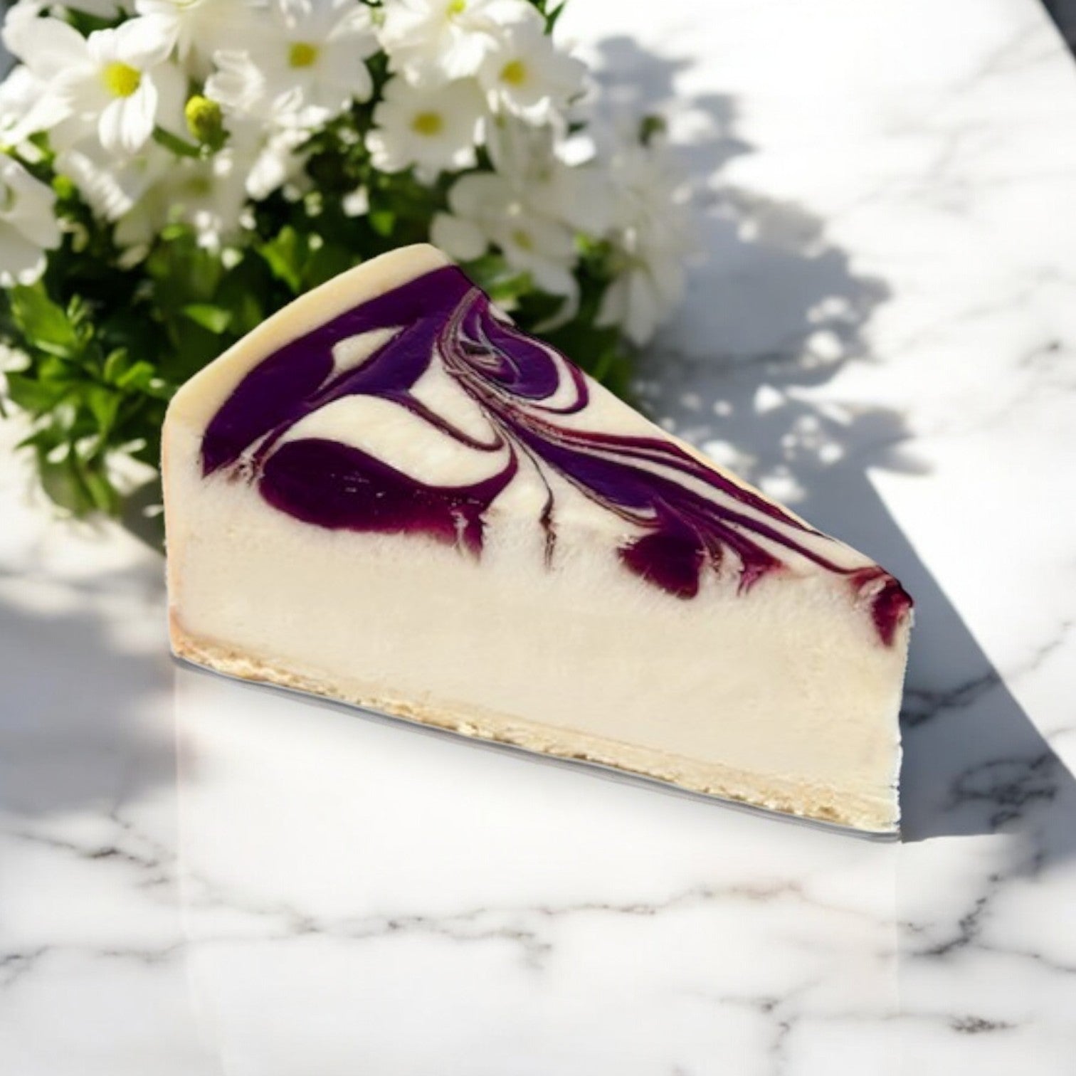A slice from Eli's Cheesecake 9" Classic Cheesecake Sampler - 3 Count rests elegantly on a marble surface, with delicate white flowers in the background.