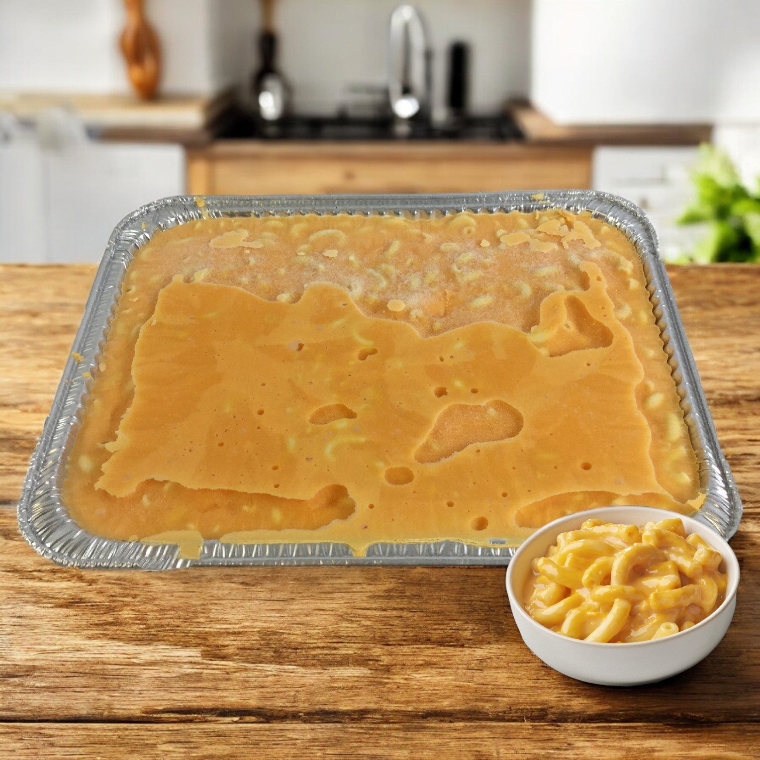 A large tray of Sysco Classic Entree Macaroni and Cheese, celebrated for its rich & creamy taste, rests on a wooden table alongside a small bowl of the same dish. The background features a blurred kitchen.