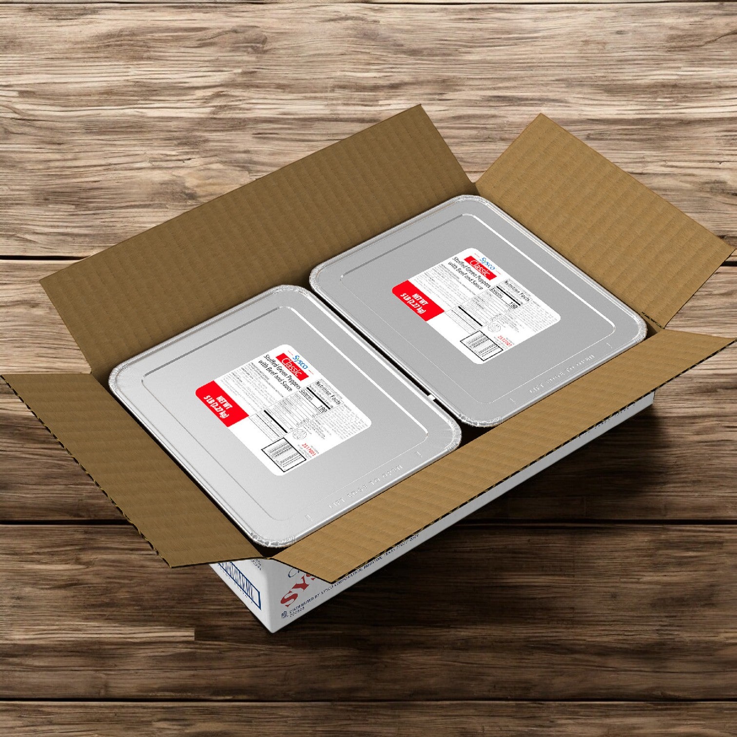 A cardboard box reveals four trays, each with a foil container labeled under Sysco Classic. Inside are tantalizing pepper-stuffed green entrées promising flavorful fillings, all upon a rustic wooden surface.