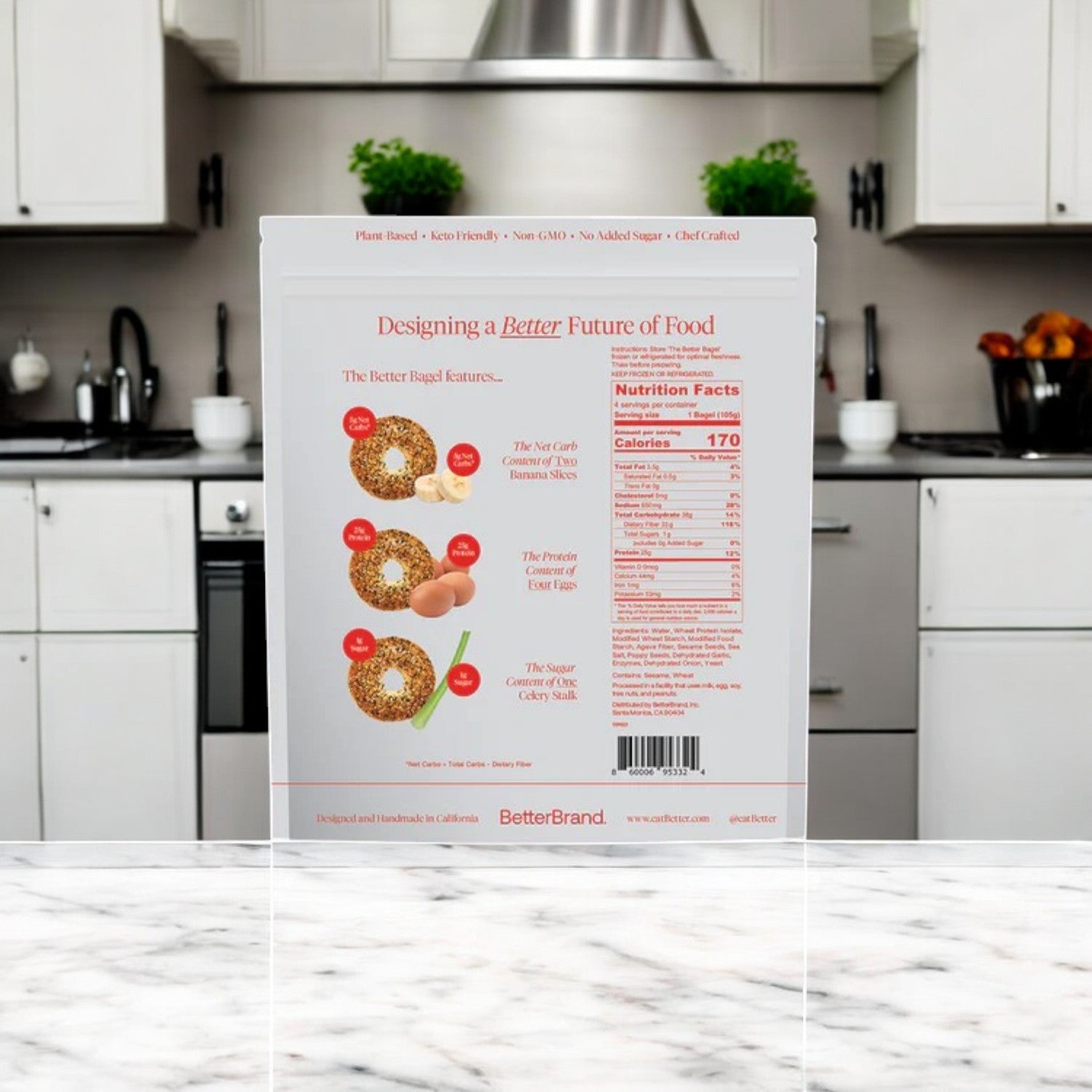 An image shows a kitchen counter with BetterBrand's The Everything Better Bagel box, showcasing nutritional info. These plant-based, keto-friendly, non-GMO bagels offer a savory spice blend for flavor enthusiasts.