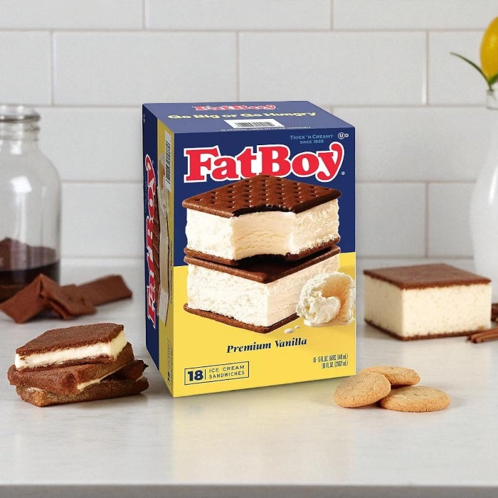 FatBoy Premium Vanilla Ice Cream Sandwiches, Frozen 18 Count