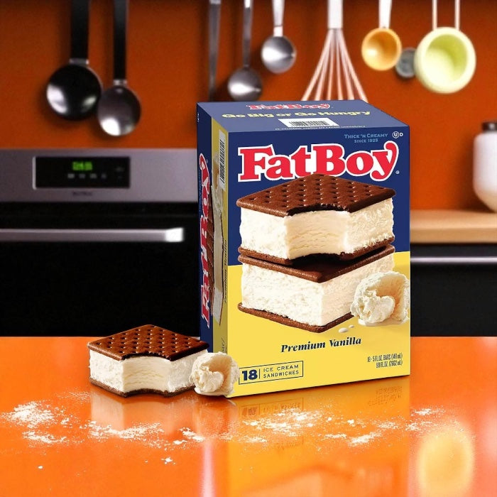 FatBoy Premium Vanilla Ice Cream Sandwiches, Frozen 18 Count