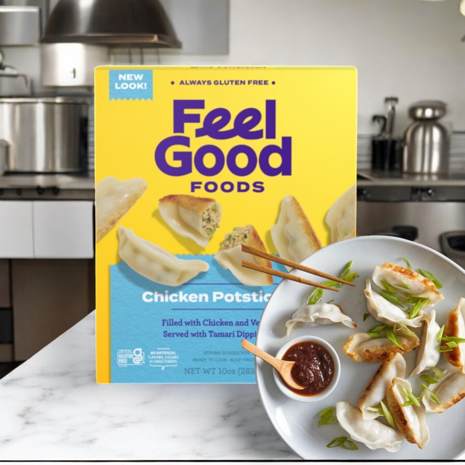 A box of Feel Good Foods Gluten-Free Chicken Potstickers, 10 oz., rests on the kitchen countertop, next to a plate of cooked potstickers with authentic Asian flavors, along with dipping sauce and chopsticks.