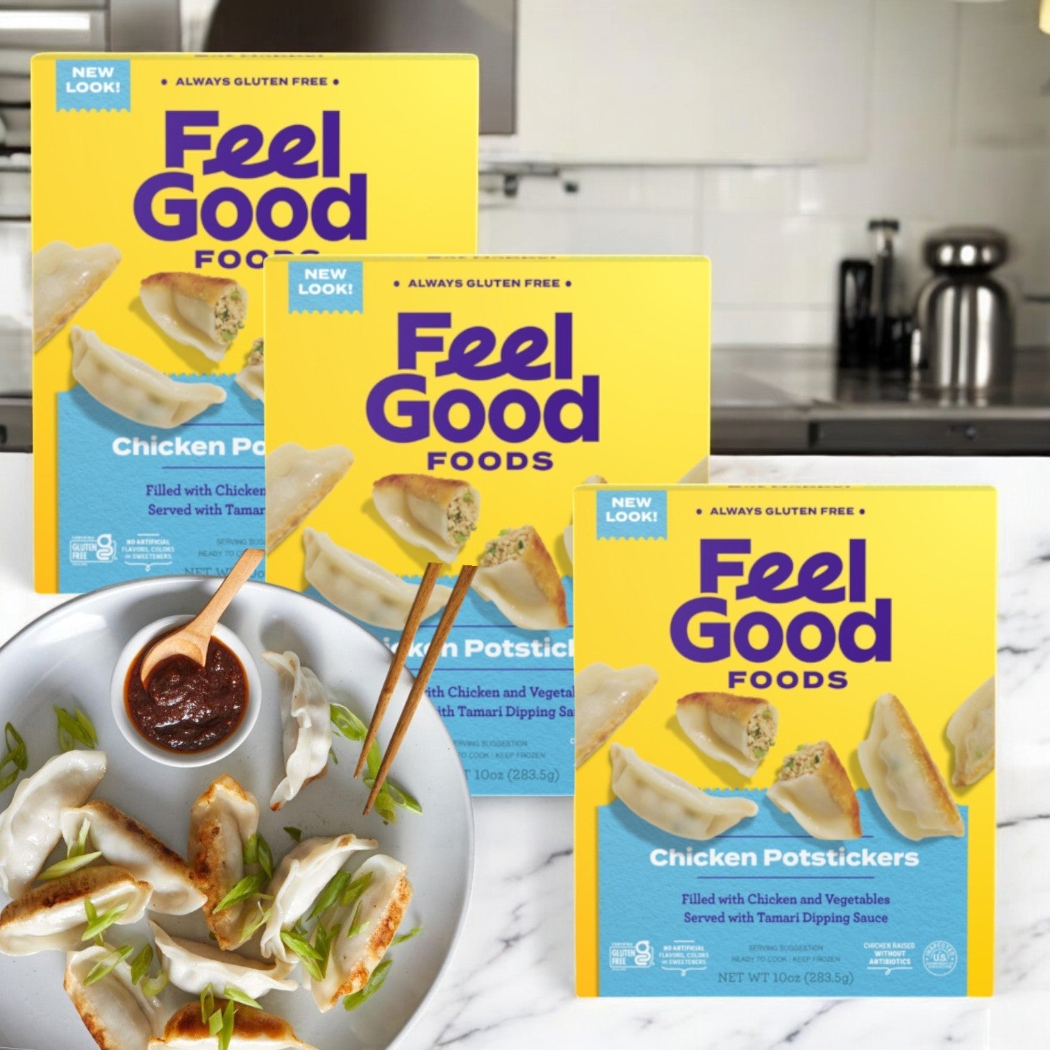 Three boxes of Feel Good Foods Gluten-Free Chicken Potstickers, 10 oz. each, are shown with cooked potstickers and a sauce bowl on a plate in front, highlighting Asian flavors.
