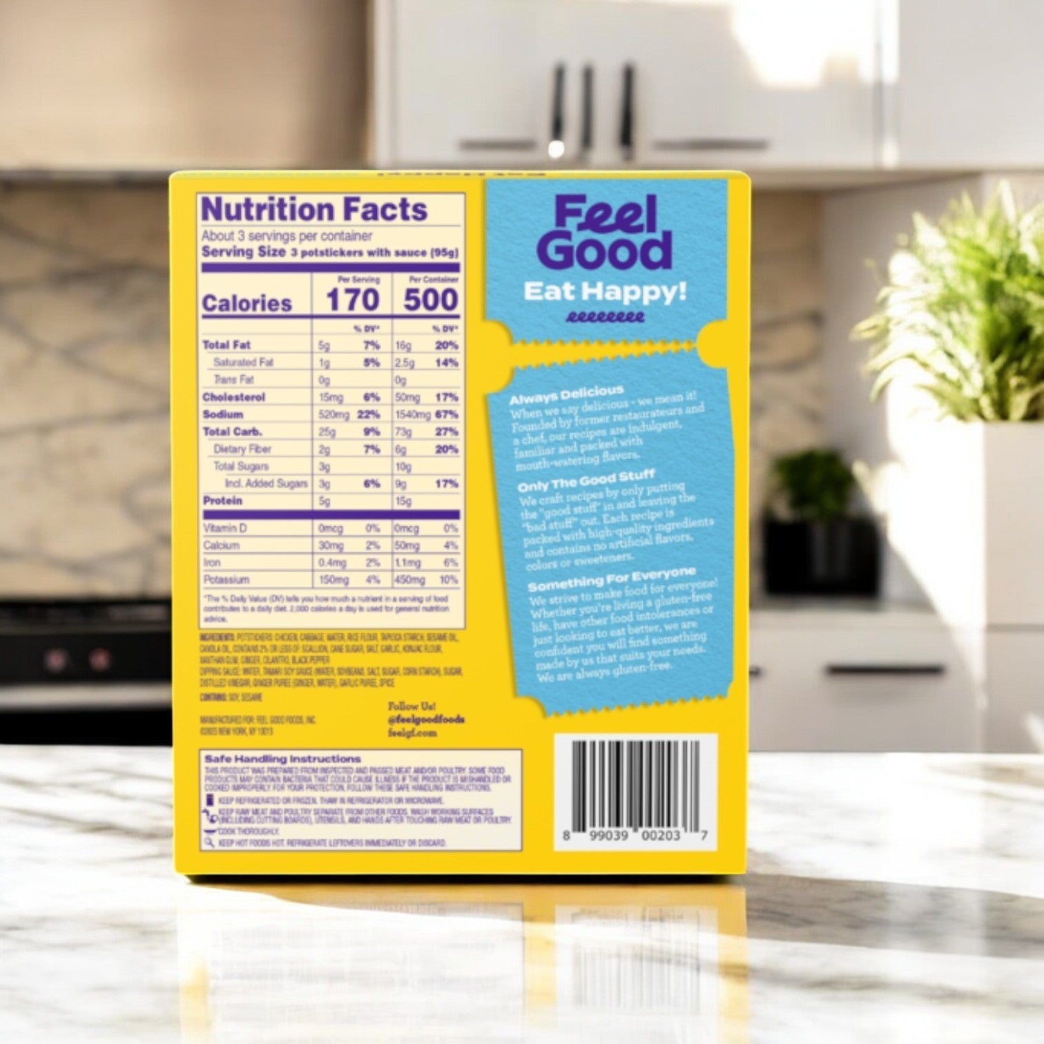 The Feel Good Foods Gluten-Free Chicken Potstickers box (10 oz.) highlights nutrition facts, branding, and details. Bursting with authentic Asian flavors, these potstickers are a delicious kitchen counter treat ready to enjoy.