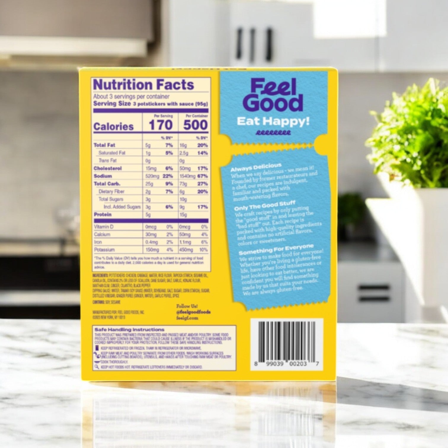 The back of the Feel Good Foods Gluten-Free Chicken Potstickers box, with nutrition facts and descriptions, echoes a modern kitchen setting with a plant. This 10 oz delight captures the harmony of Asian flavors in feel-good foods. Includes three total boxes.