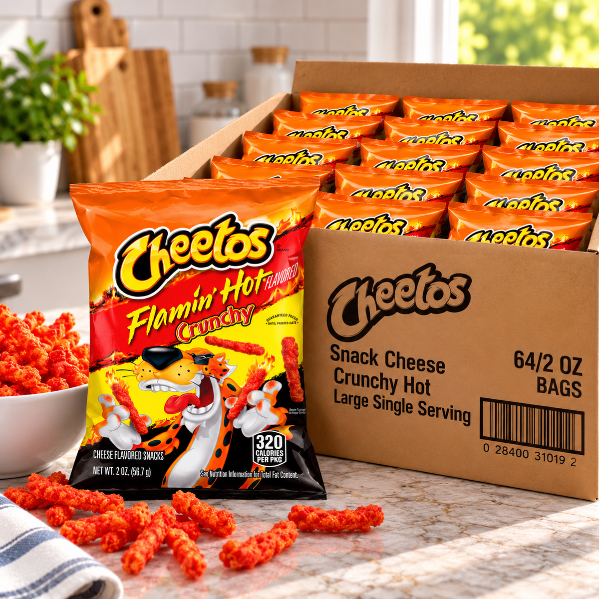 Cheetos Crunchy Flamin' Hot Cheese Flavored Snacks – 64 × 2 oz Large Single-Serve Bags (1 case)