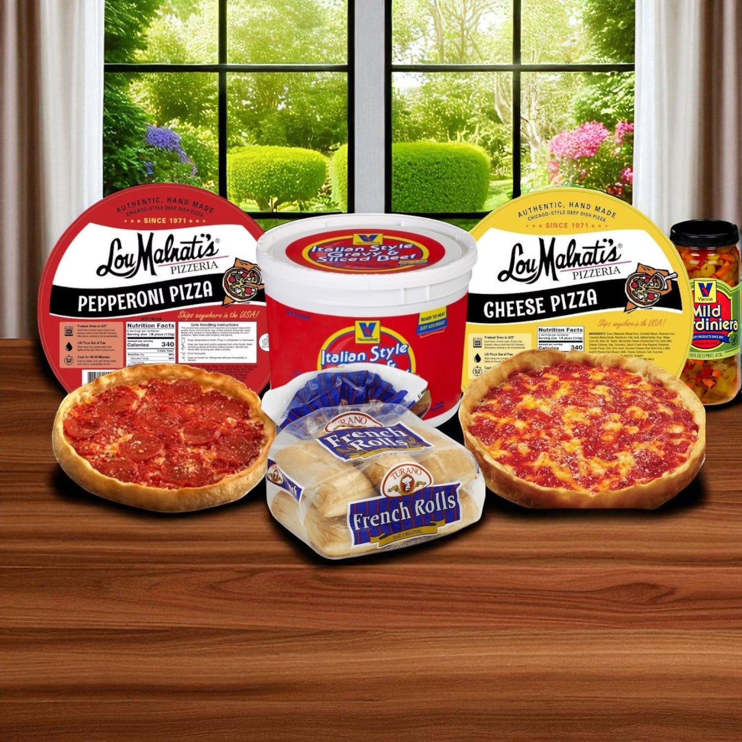 The Chicago’s Best Combo Kit by Lou Malnati's, featuring their Deep Dish Pizza and Vienna Italian Beef, is displayed on a wooden table in front of a window with a garden view.