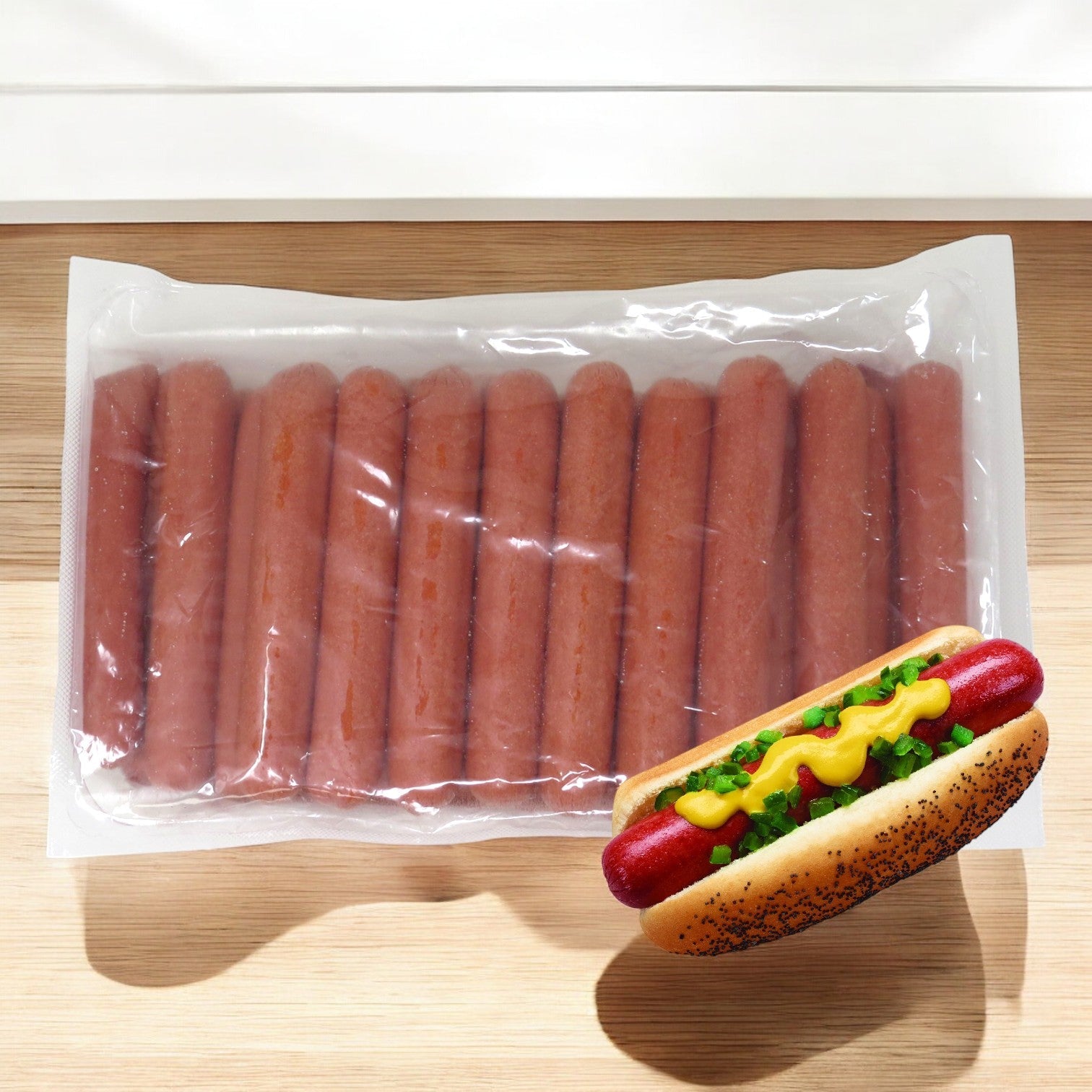 A sealed pack of Vienna Beef Franks, all-beef and 6 inches long, sits on a wooden surface with a premium beef hot dog topped with mustard and relish. Ideal for grilling at your next barbecue; sold in a 10 lbs. case containing 60 franks.
