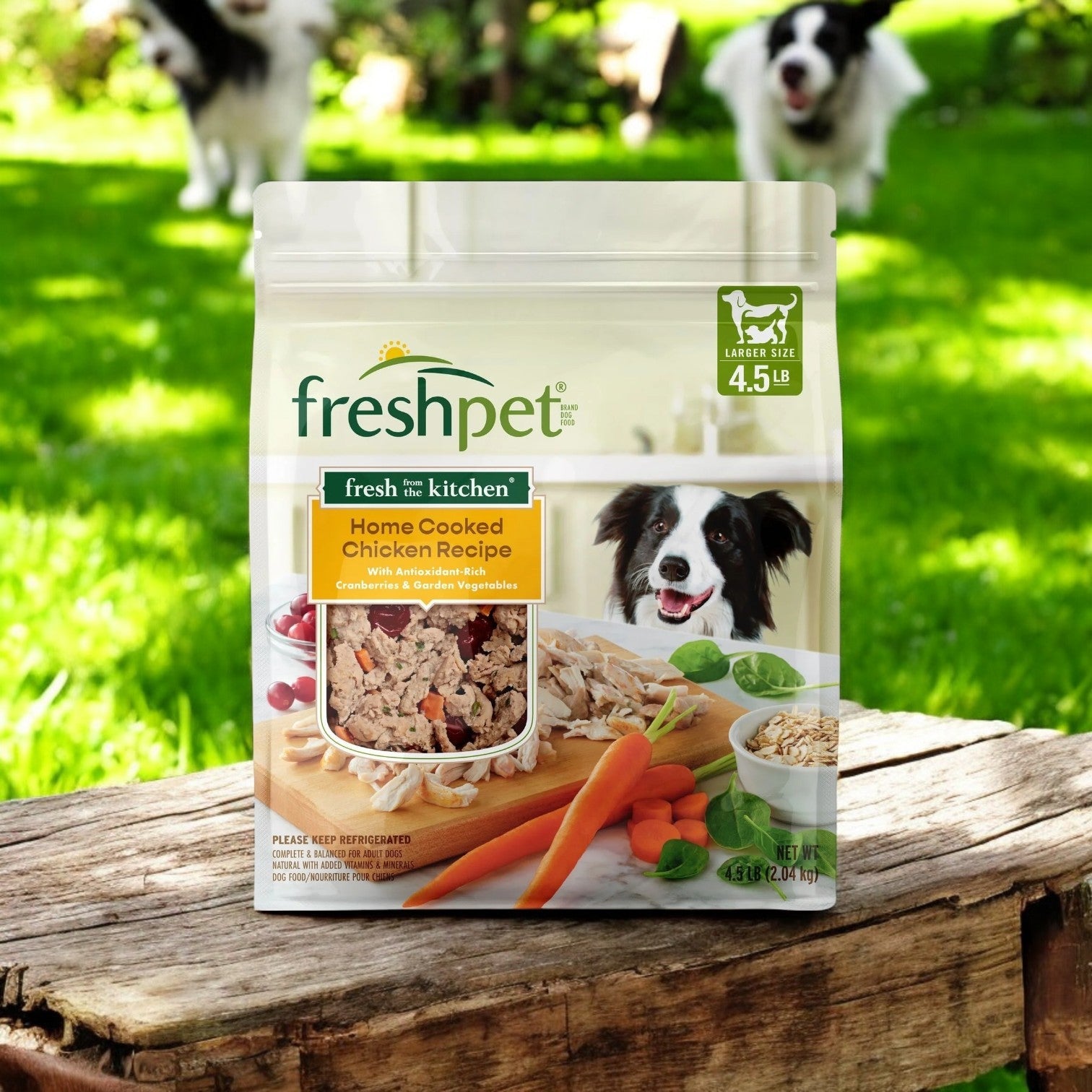 A bag of Freshpet Fresh From The Kitchen, Chicken, Fresh Dog Food for Healthy Digestion, rests on outdoor wooden planks with two blurred dogs playing in the background.