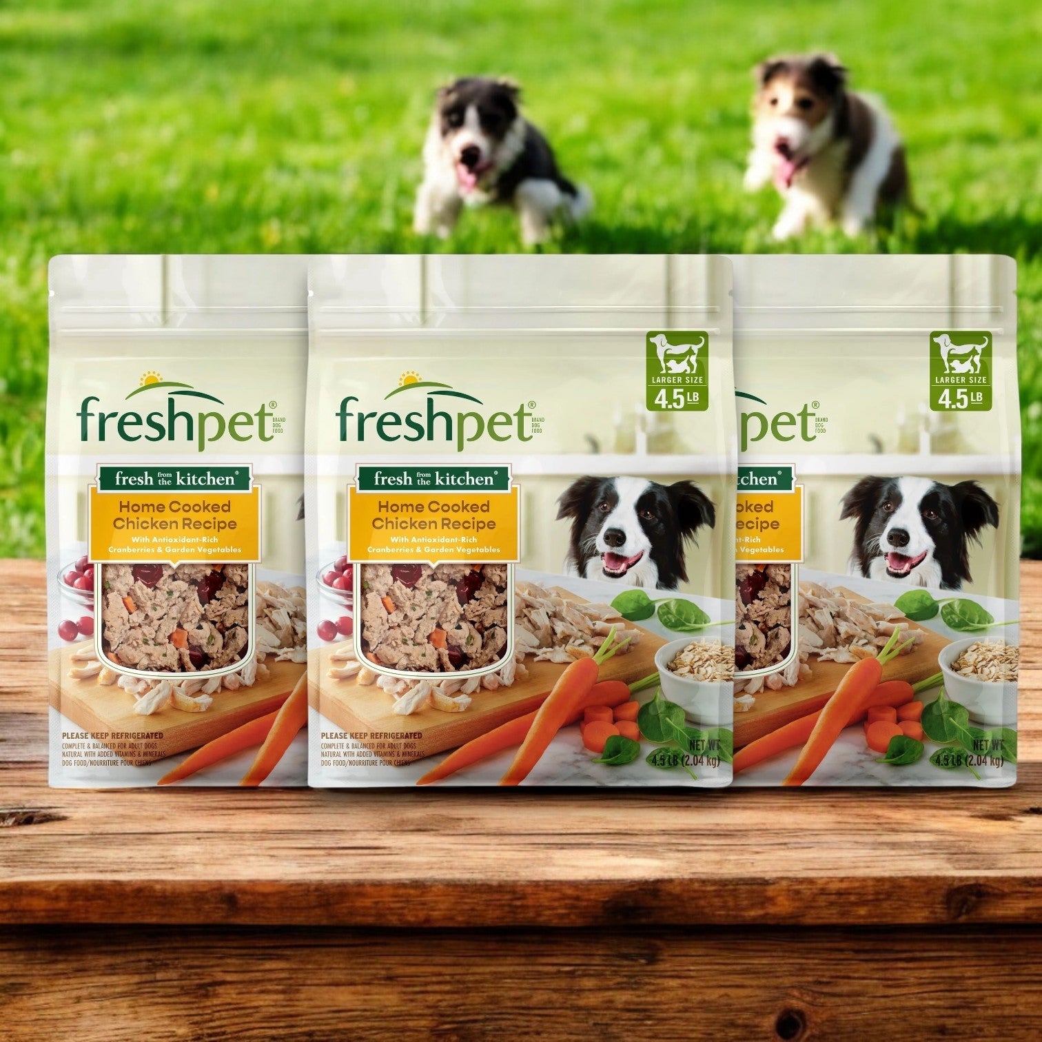 Three packages of Freshpet's "Fresh From The Kitchen" Chicken Recipe dog food, designed for healthy digestion and happy dogs, are displayed on a wooden surface. In the background, two dogs playfully run on grass, enjoying their fresh meal.