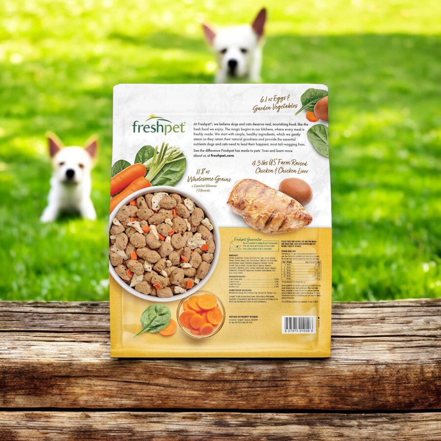 Three 5.5 lb Freshpet Select Chicken and Veggie Recipe Roasted Meals bags sit on a wooden outdoor surface, displaying chicken, carrots, and spinach images. In the blurred background, two eager white dogs await their meal.