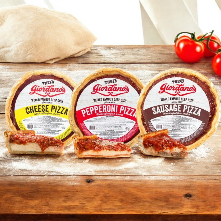 Giordano's Deep Dish Pizza Combo Pack showcases three delicious deep-dish pizzas—cheese, pepperoni, and sausage—on a wooden table. Tempting sliced samples are in front, with tomatoes and dough enhancing the authenticity of Chicago pizza craftsmanship.