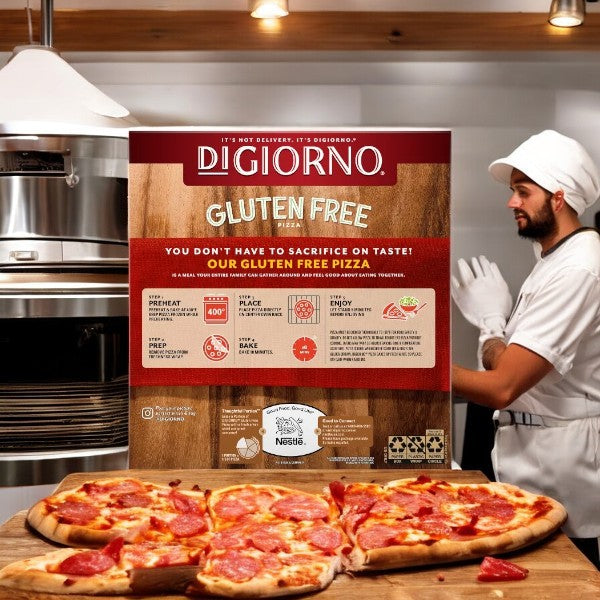 A chef stands beside a box of DiGiorno Gluten Free Frozen Pizza, 24.2 oz. On the wooden surface, two perfectly cooked pizzas highlight the deliciousness of their gluten-free crusts.