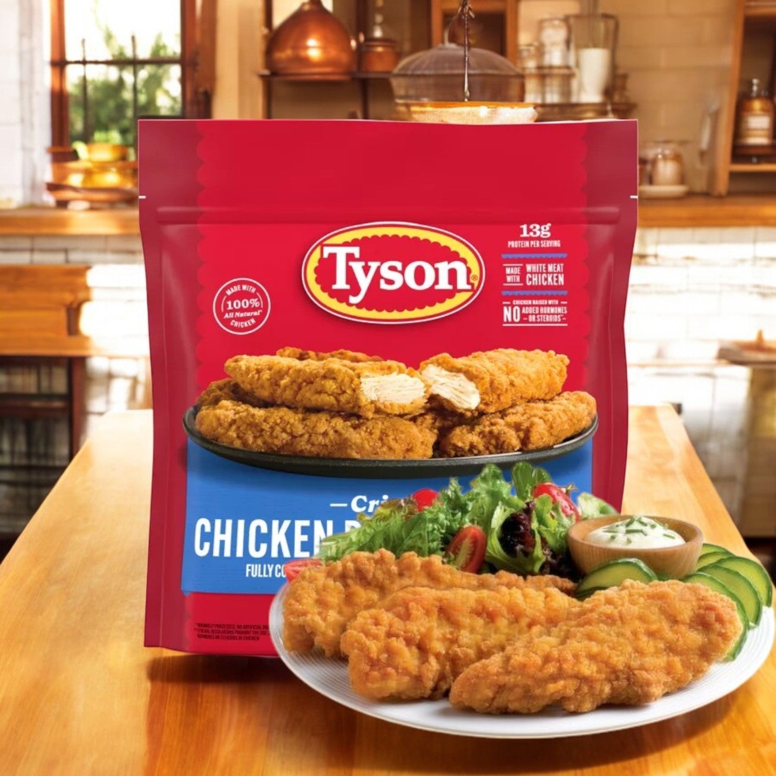 A package of Tyson All Natural Crispy Chicken Strips – Frozen, 25 oz is shown on a kitchen table with plated strips and a salad in front.
