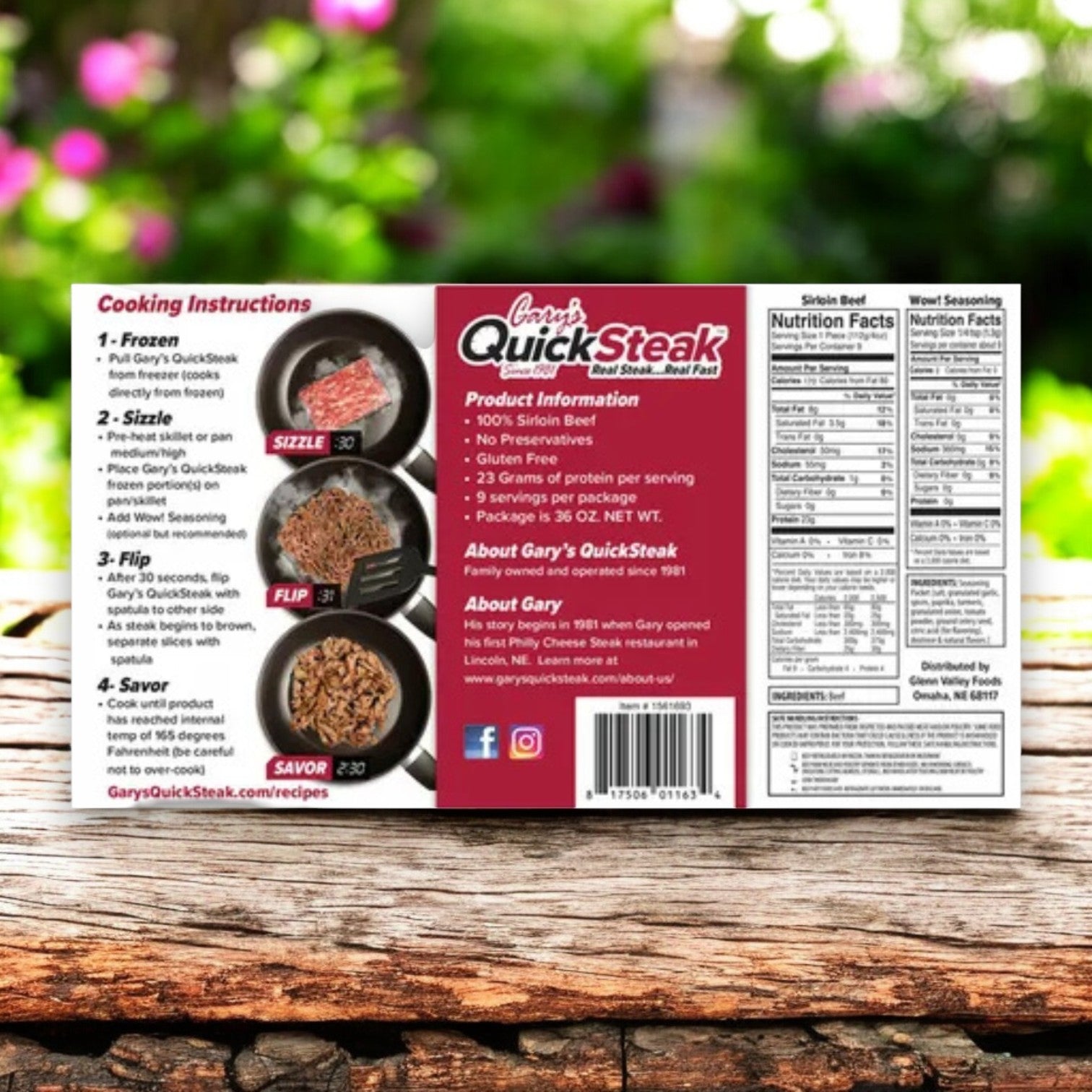 Package of Gary's Quick Steak, 36 oz with quick skillet cooking instructions, product details, and nutrition facts. Explore Gary's promise of premium-quality steak set against a blurred outdoor background.