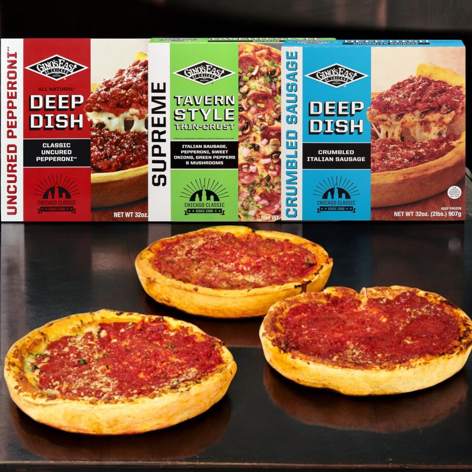 Three deep dish pizzas are shown in front of three "Gino's East Variety Pack" boxes, featuring "Uncured Pepperoni Pizza," "Supreme," and "Crumbled Sausage.