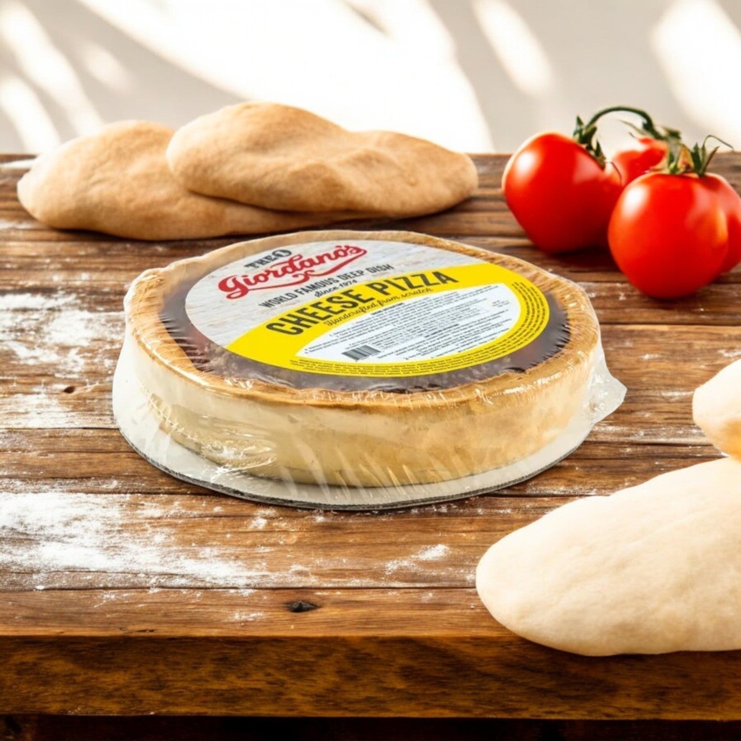 A Giordano's Frozen Deep Dish Stuffed Cheese Pizza, 10" from the 3 pack, sits enticingly on a wooden table surrounded by fresh dough and ripe tomatoes, reminiscent of a masterpiece.