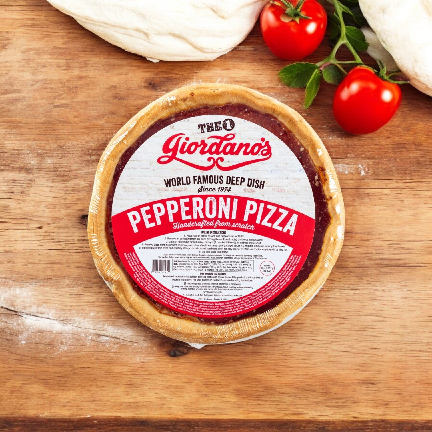Giordano's Deep Dish Pizza Combo Pack - 3 pizzas sits packaged on a wooden surface, surrounded by fresh tomatoes and dough, ready to bring the essence of a Windy City pizzeria into your kitchen.