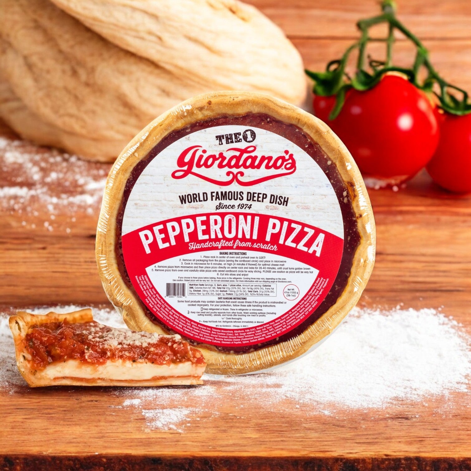 Giordano's 10" Frozen Deep Dish Stuffed Pepperoni Pizza sits on a wooden surface with a tempting slice and two fresh tomatoes, delivering an authentic taste of Chicago pizza.