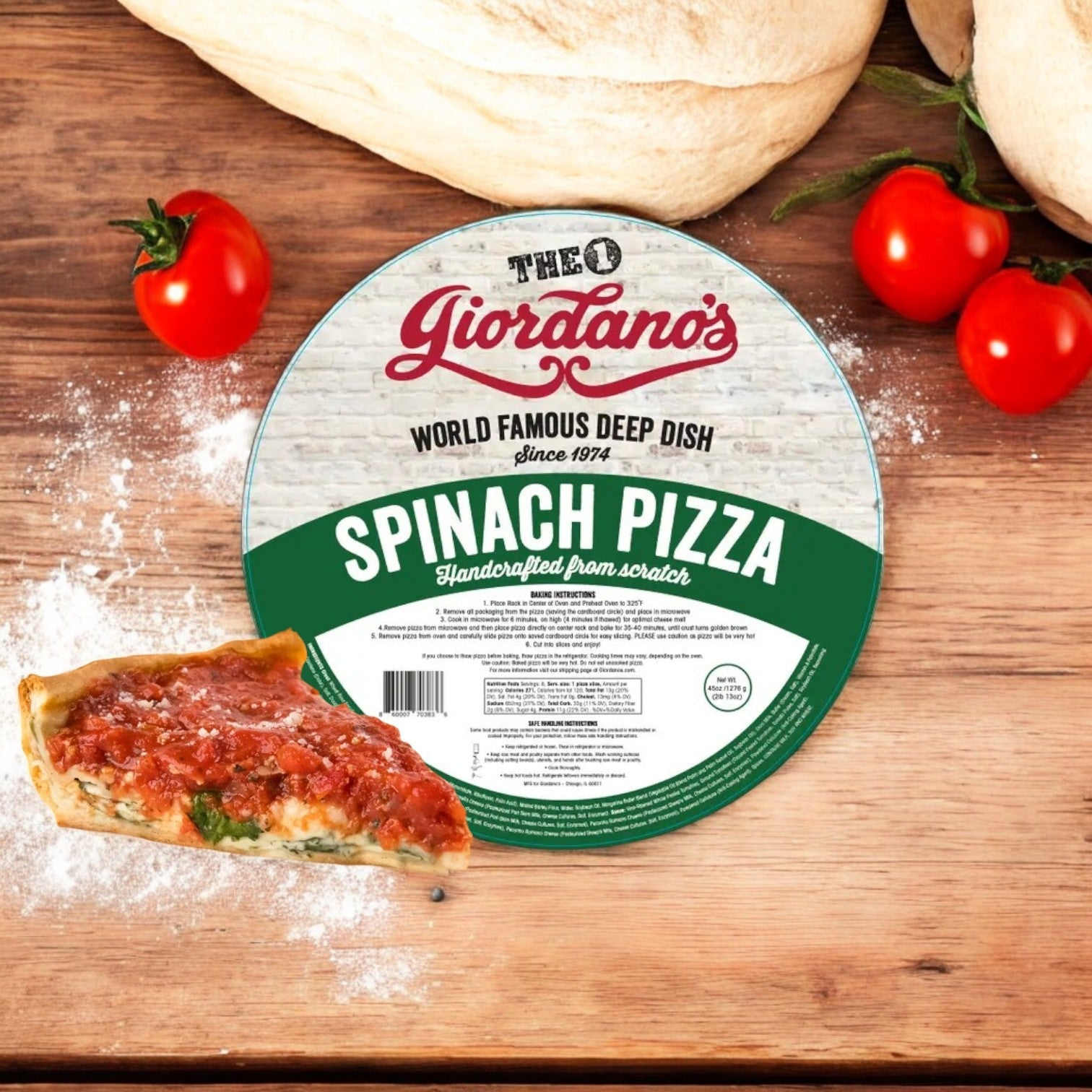 Giordano's Frozen Deep Dish Stuffed Spinach Pizza label sits on a wooden surface with tomatoes and bread around it. A slice of the 10" classic, featuring spinach and tomato sauce, appears in the foreground, looking incredibly inviting.