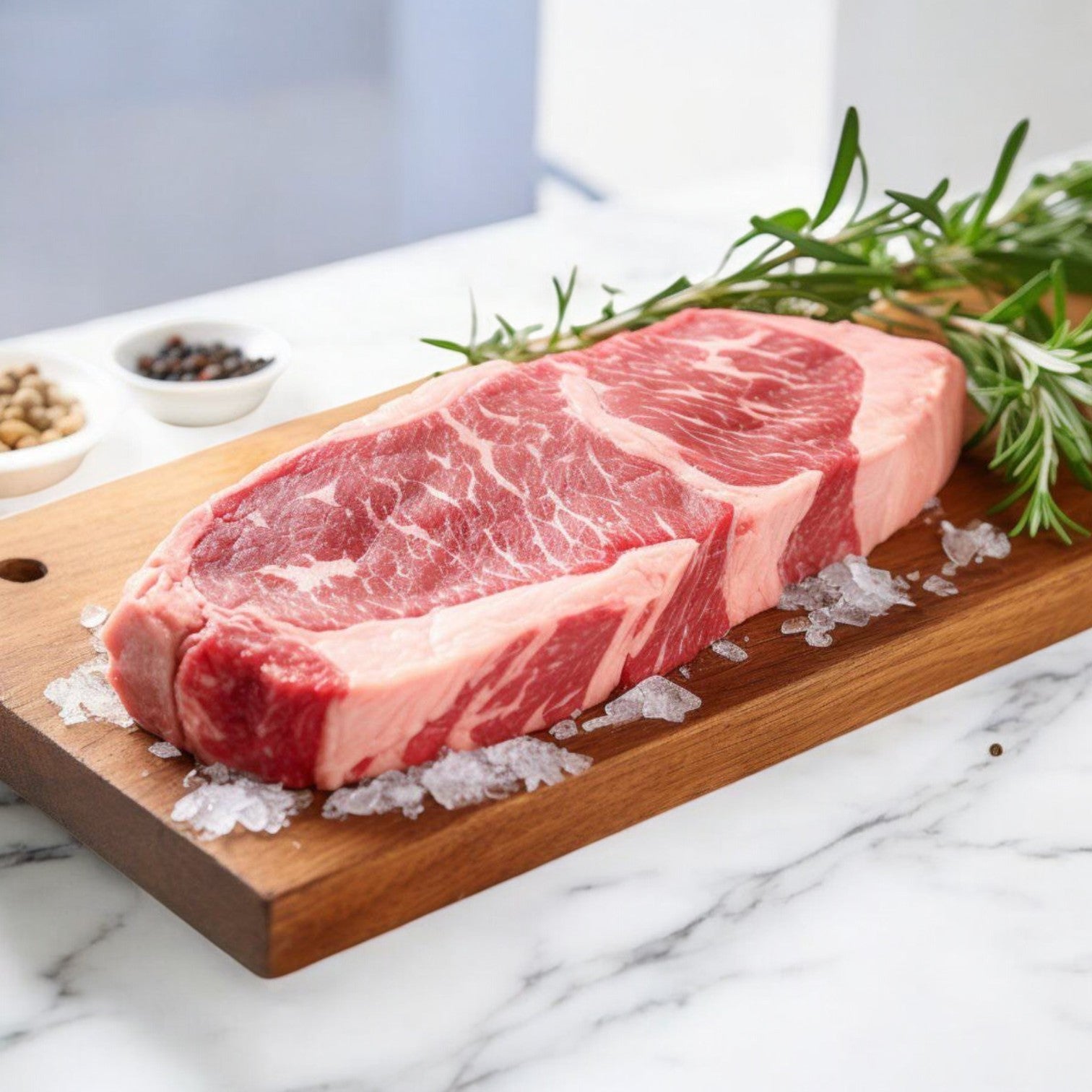 A marbled Halal New York Top Loin Beef steak from Silver Fern Farms rests on a wooden cutting board with ice, garnished with rosemary. Two bowls of black and white peppercorns enhance this premium cut.
