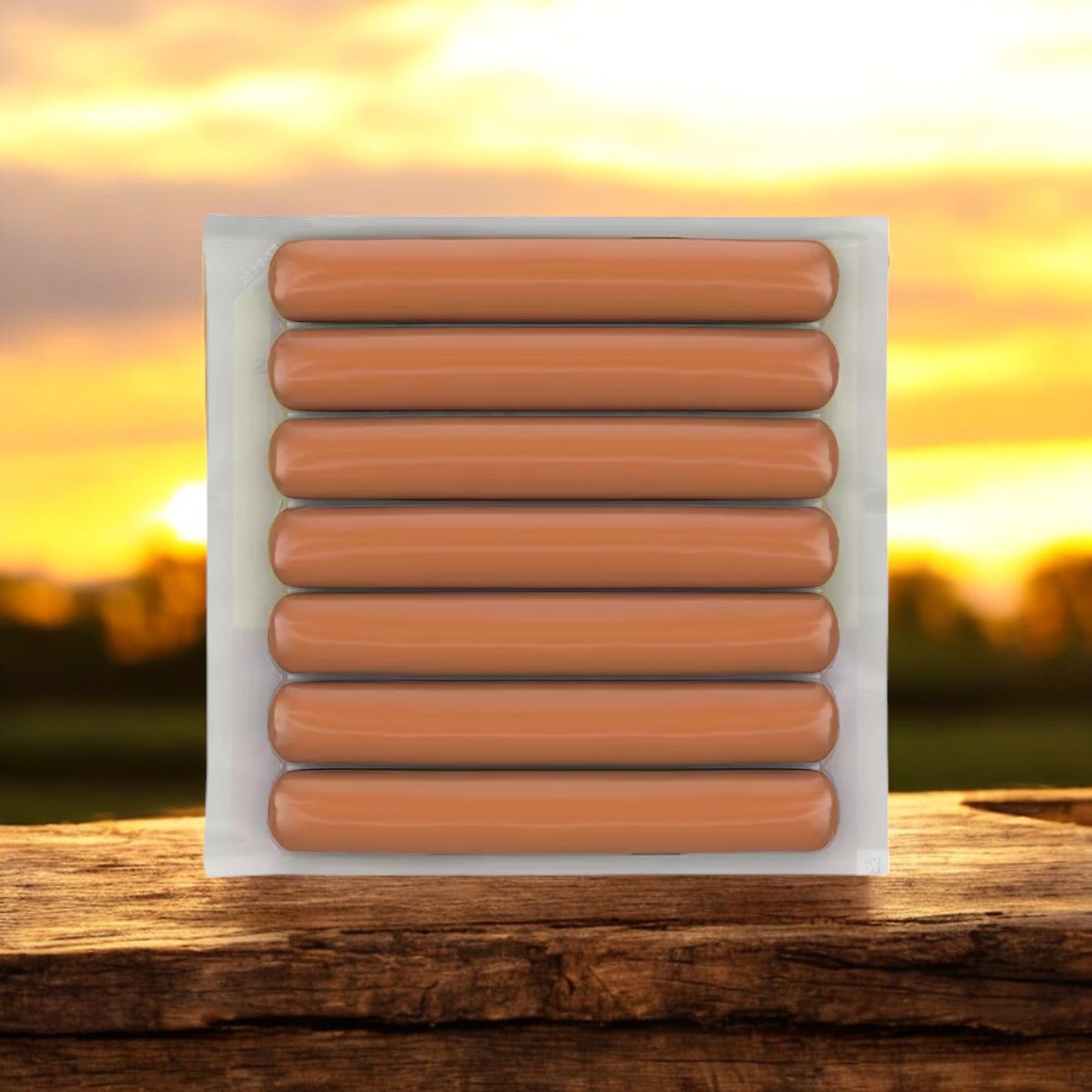 A Hebrew National Beef Franks pack (12 oz., 3 ct.) is displayed on a wooden surface with a blurred sunset in the background, showcasing its premium appeal.