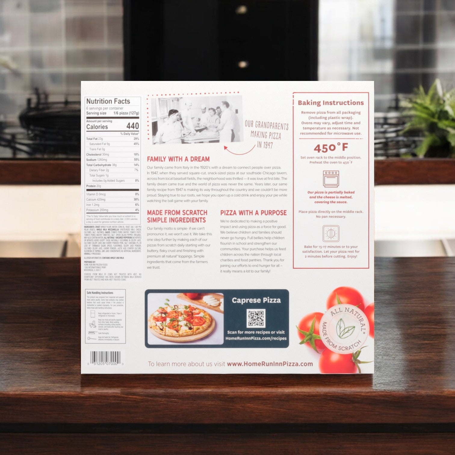 The back of a frozen Home Run Inn Classic Pizza, Uncured Pepperoni box sits on the kitchen counter, displaying nutrition facts, ingredient list, baking instructions for its homemade-style crust, and an inspiring family story.
