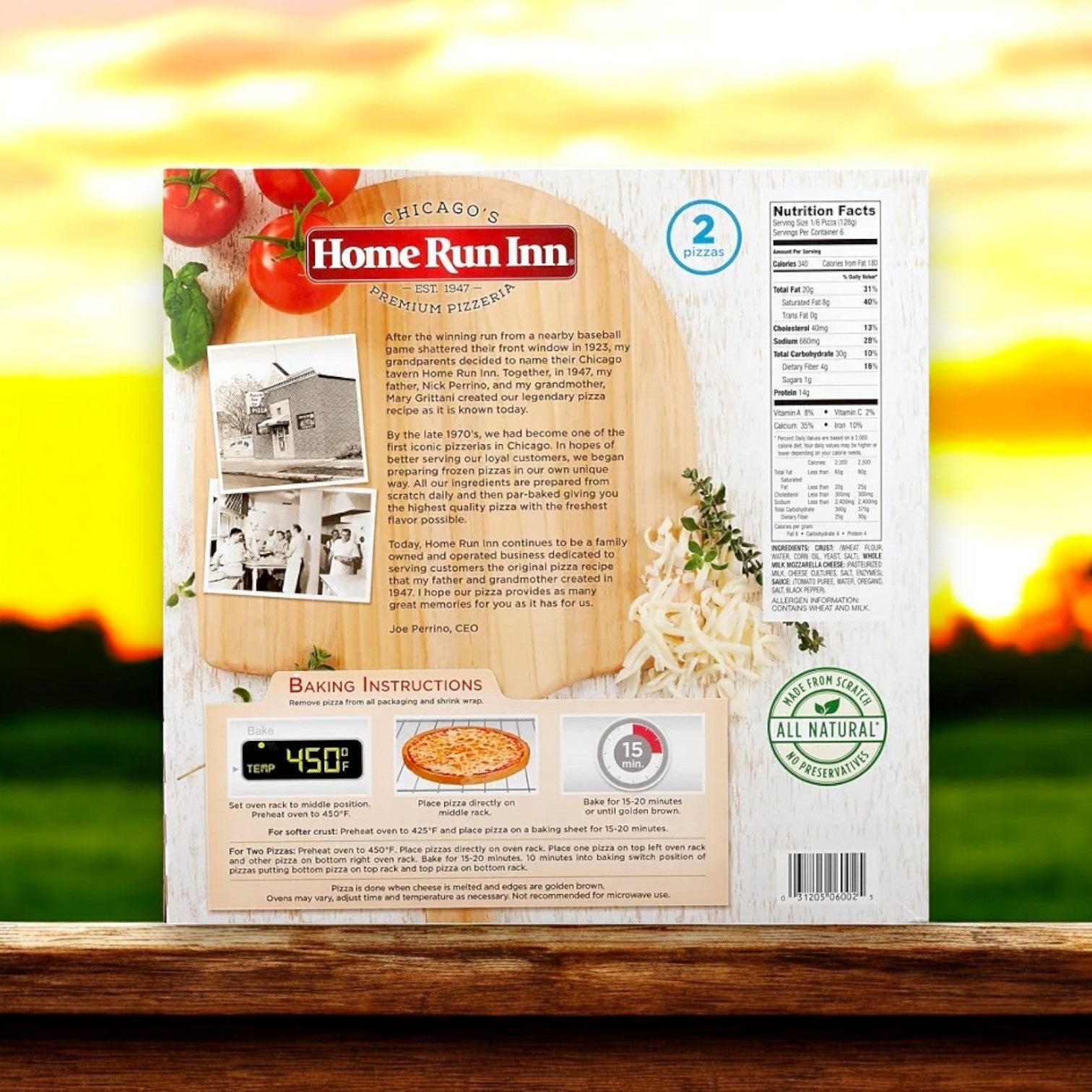 Back of a Home Run Inn Combo! 4 Total Pizzas! box displays brand story, baking instructions, nutrition facts, and images of cheese pizza, tomatoes, cheese, plus a vintage black-and-white photo—all from Home Run Inn.