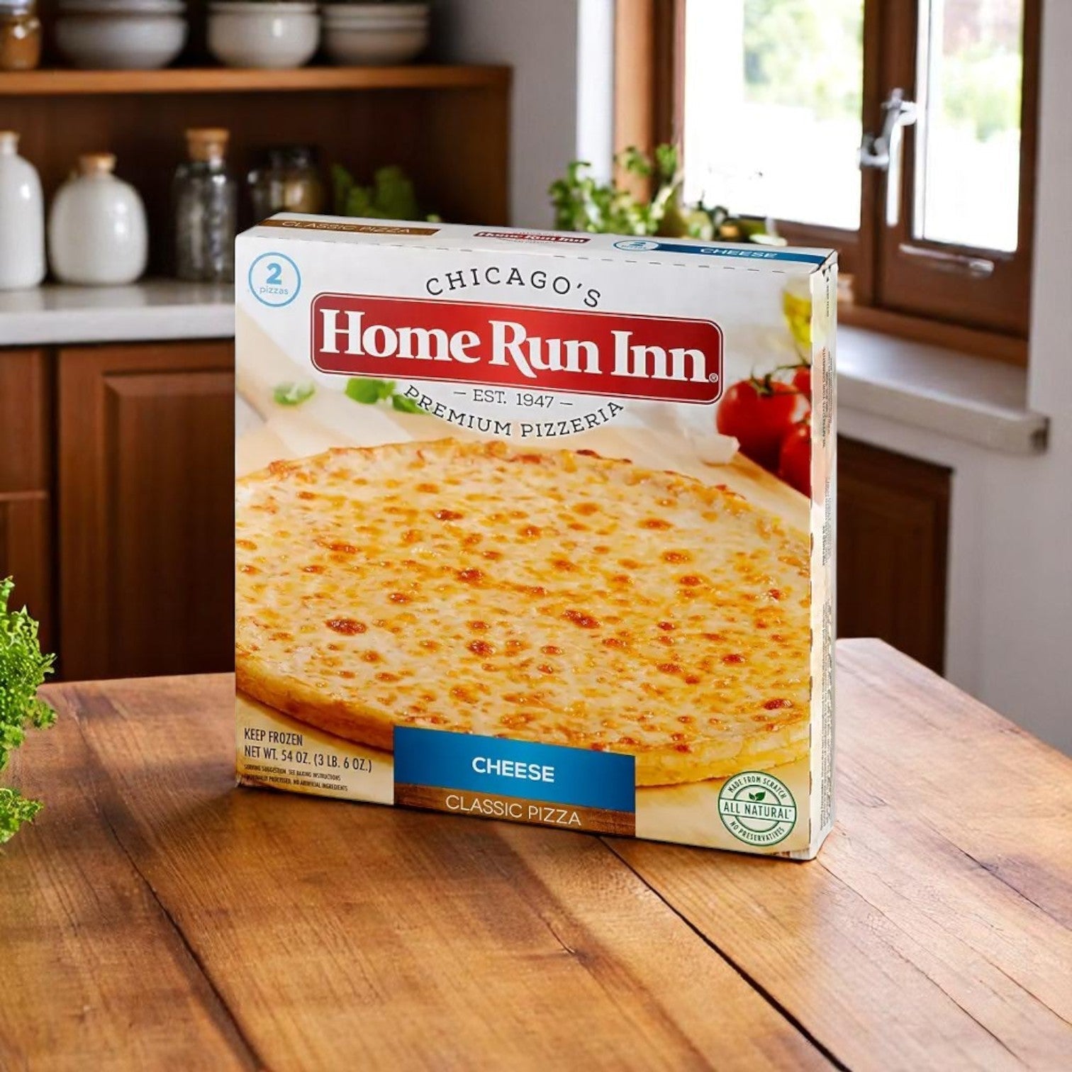 A box of Home Run Inn Classic Cheese Pizza, 27oz - 1 Pack, from Home Run Inn rests on a wooden kitchen counter near a window, with various kitchen items in the background.