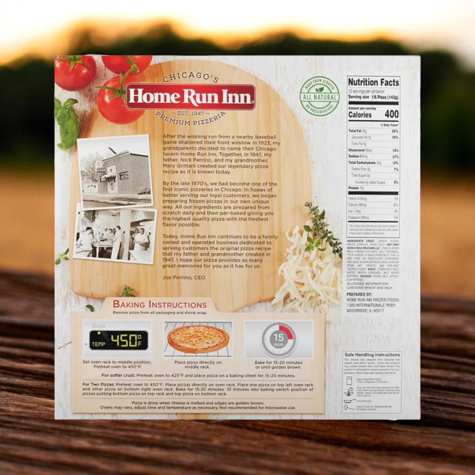 On the back of a Home Run Inn Classic Sausage Pizza box, find baking instructions, nutrition facts, and a company history with black-and-white photos. Enjoy an authentic Chicago-style sausage pizza experience with this 60 oz. 3 pack (6 total pizzas).