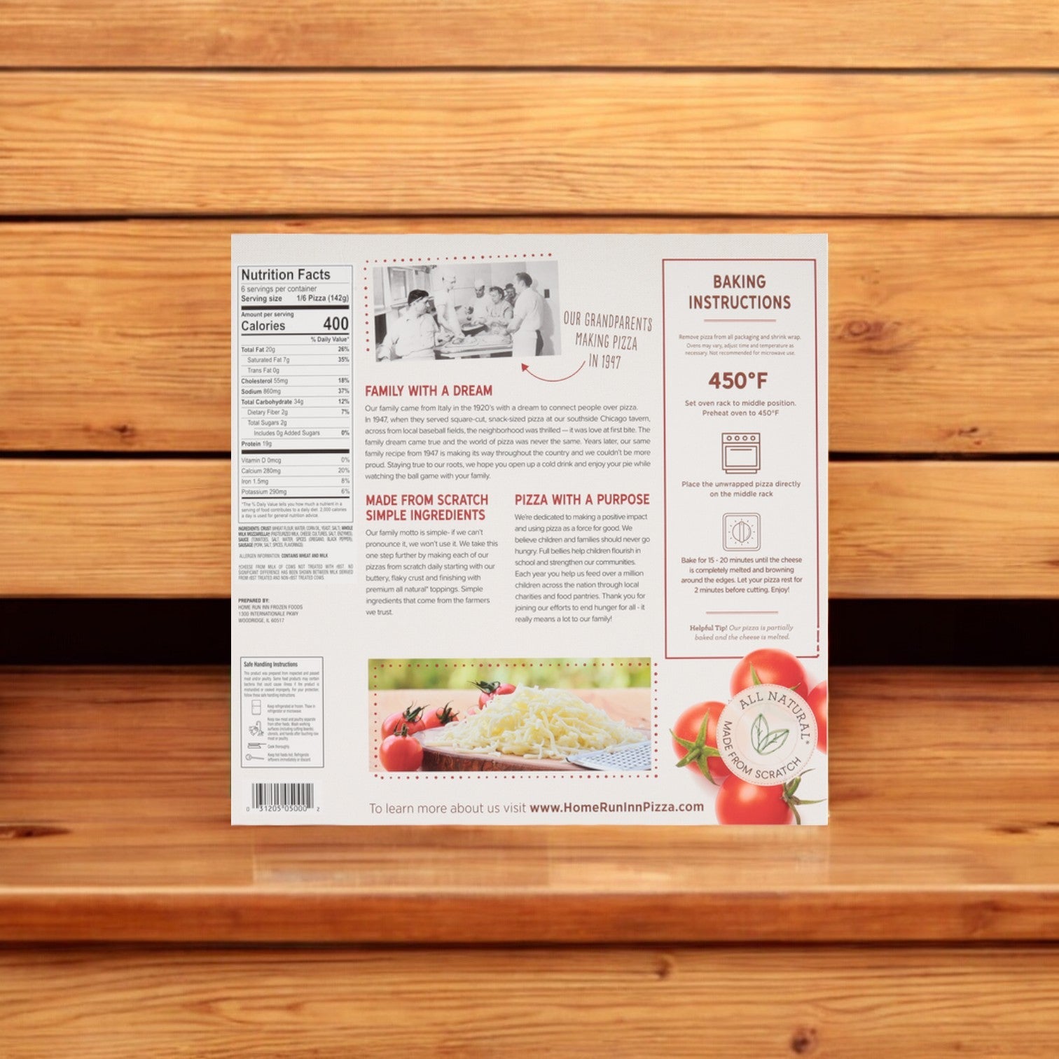 Back of a Home Run Inn Family Size Classic Frozen Sausage Pizza box displaying cooking instructions, a black-and-white family photo, nutrition facts, and images of tomatoes next to the product. The Golden Homestyle Crust is presented against a brown wooden background.