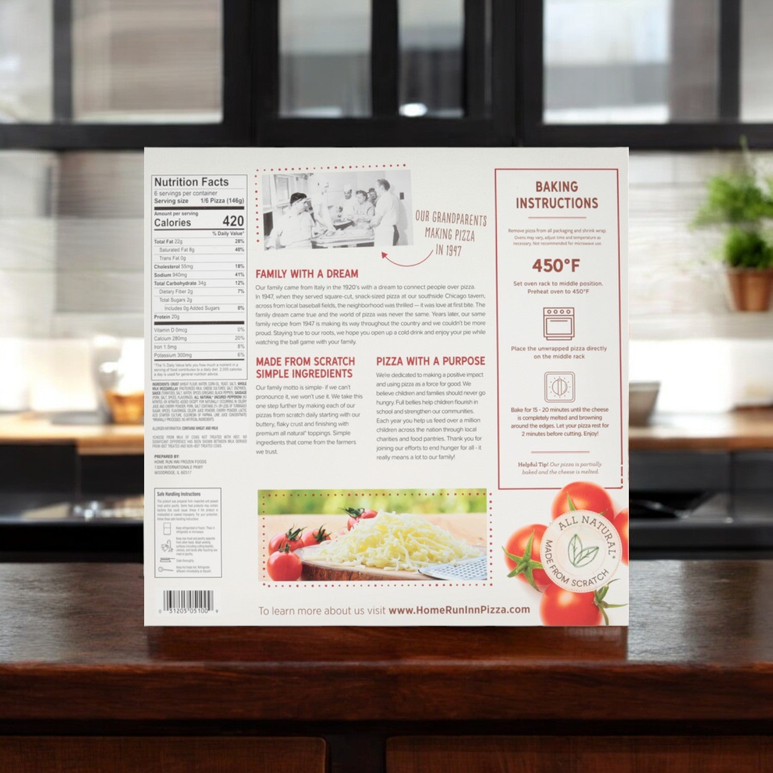 The back of the Home Run Inn Family Size Classic Frozen Sausage and Uncured Pepperoni Pizza box provides nutrition facts, baking instructions, and a narrative about family heritage and quality ingredients. With an enticing image of cheese and tomatoes, it highlights our Family Size Pizza with Sausage and Uncured Pepperoni on a delicious Homestyle Crust.