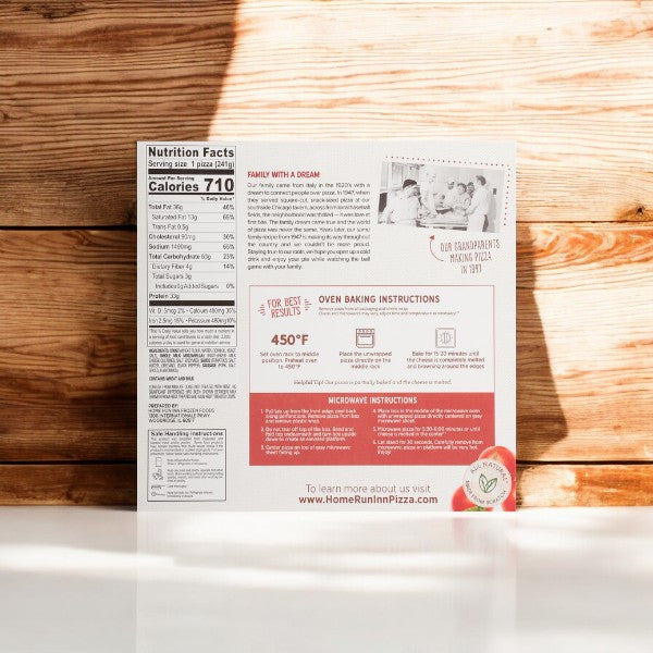 The back of the Home Run Inn Mini Personal Pizza box showcases nutrition facts, baking instructions, the brand's family story, and a website link, all set against a wooden background. Relish each bite of our classic sausage recipe. For more information, visit our website!