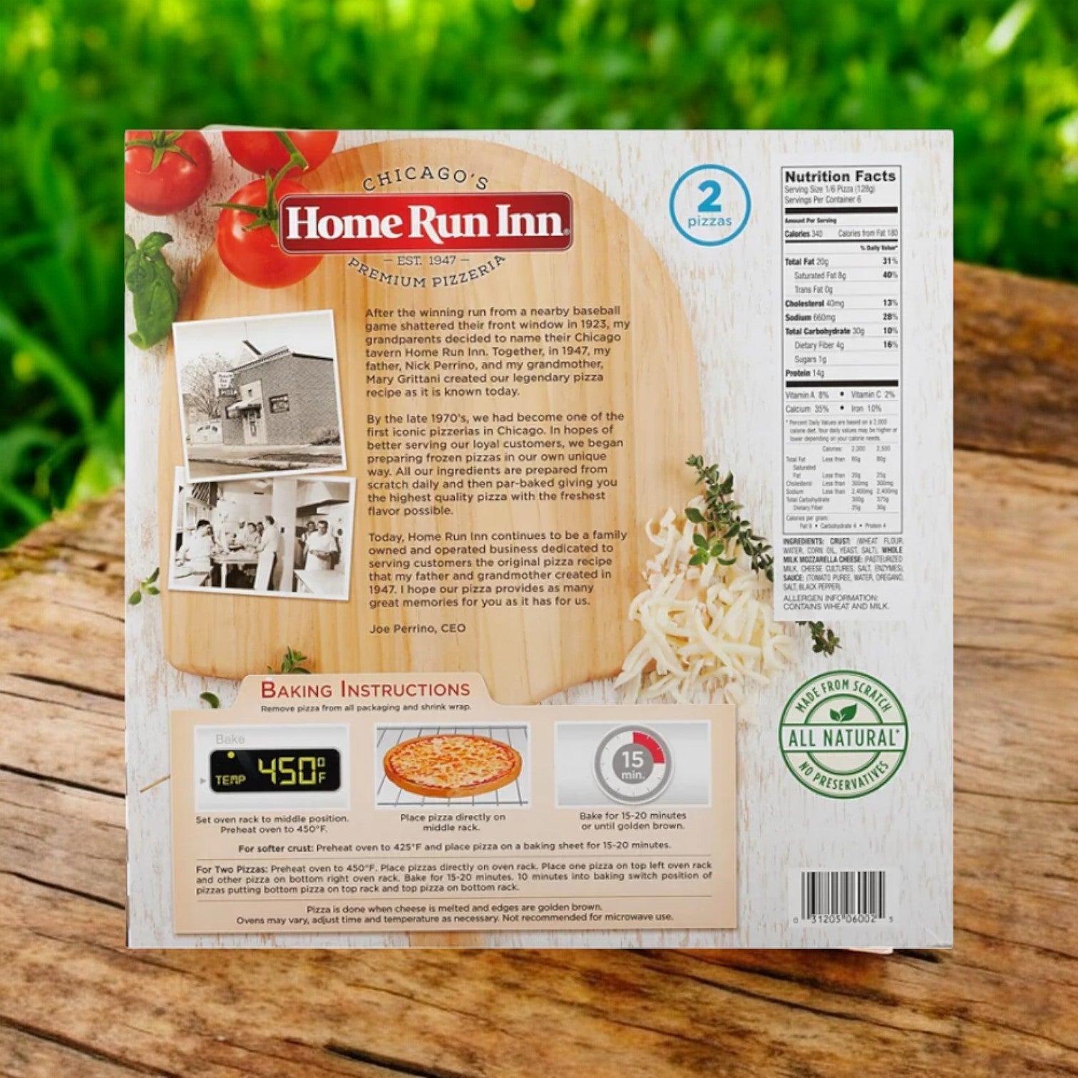 The packaging of Home Run Inn Classic Cheese Pizza, 54 oz. - 1 Pack tells the story of the brand's rich legacy and Chicago-style origins. It features baking instructions, nutritional information, and proudly displays an "All Natural" label. Enjoy the genuine taste experience with our Classic Cheese Pizza crafted from a Premium Cheese Blend.