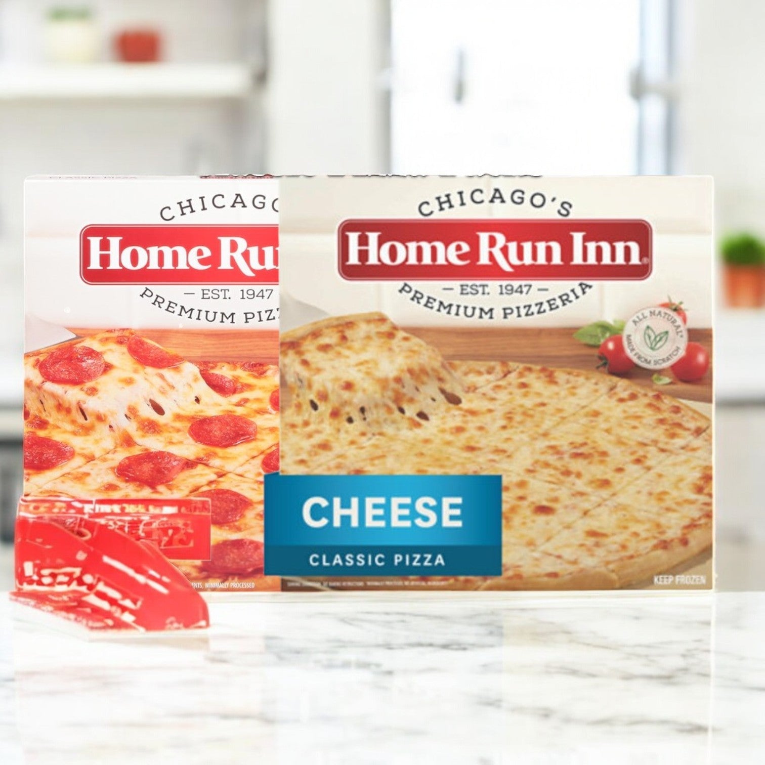 Two boxes of Home Run Inn Pizza Variety Pack! 4 Total Pizza Packs! sit on the kitchen counter, featuring pepperoni on the left and cheese on the right. These pizzas promise delicious meals with quality ingredients, perfect for those who enjoy a range of flavors!.