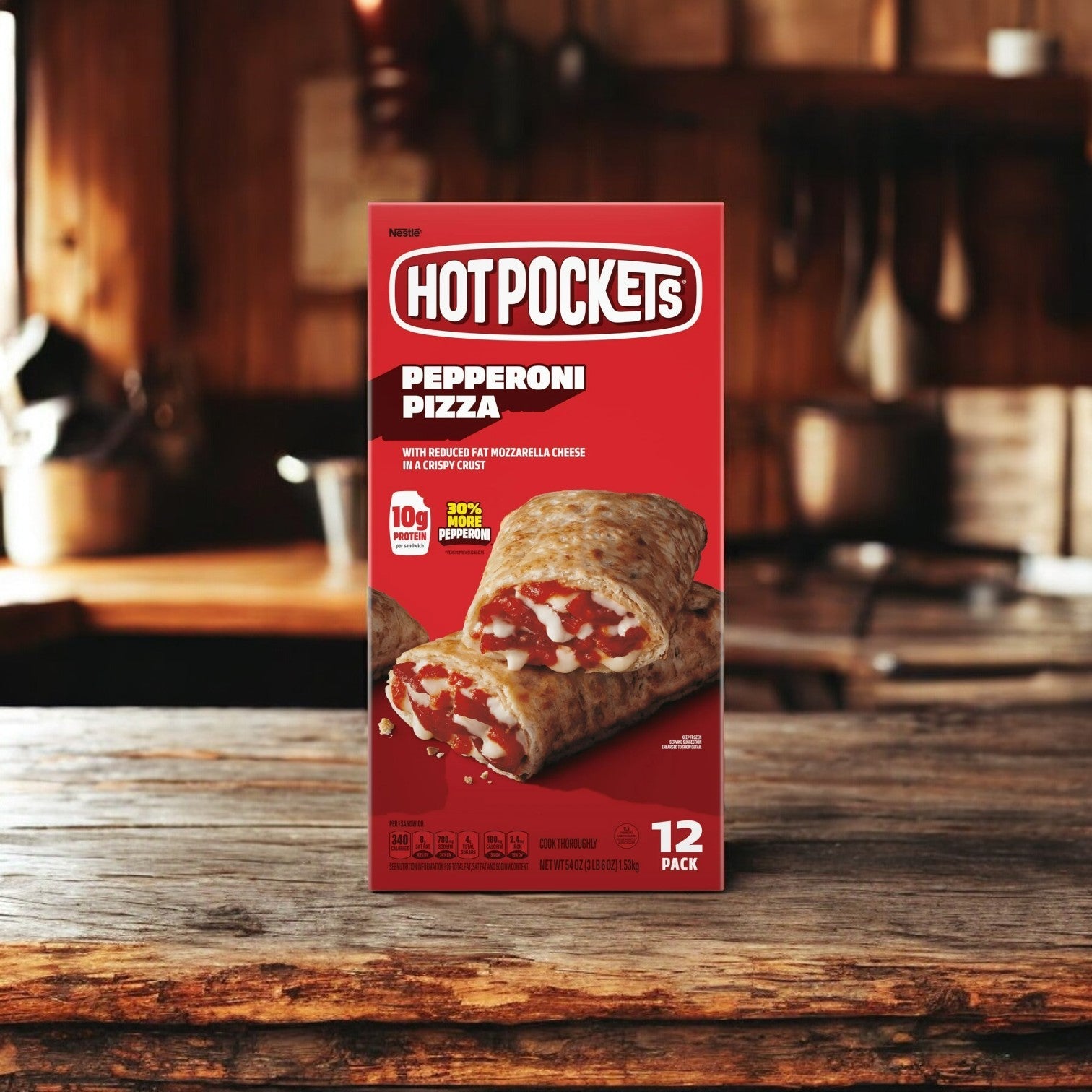 A Hot Pockets Bundle Pack, featuring 9 boxes, rests on the kitchen counter with a tempting image of savory pastries. Perfect for frozen snack lovers, it's an ideal addition to your Hot Pockets collection.
