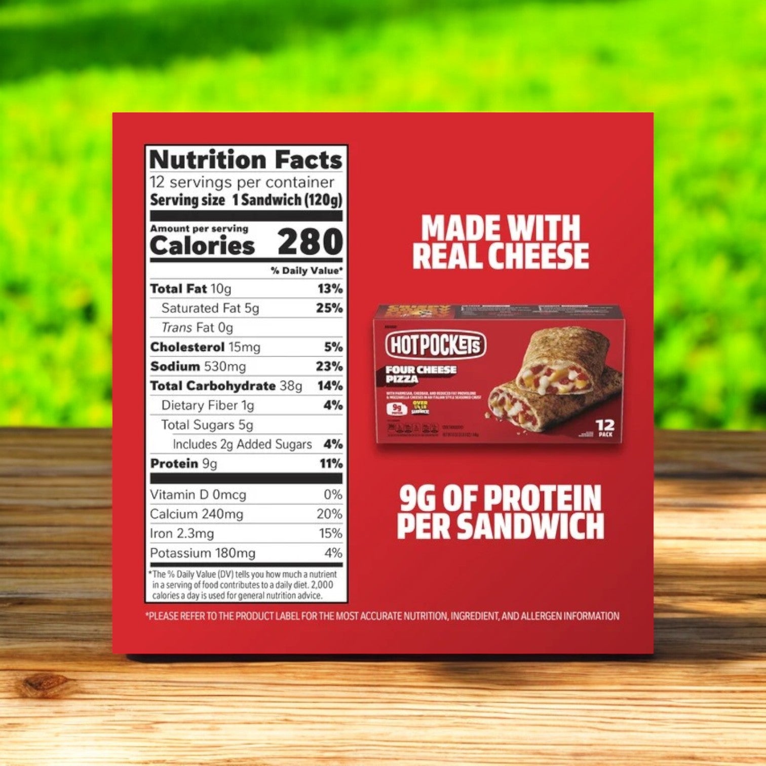 A box of Hot Pockets Four Cheese Pizza – 12 Count sits on a wooden table displaying nutritional facts. Offering 9g of protein per sandwich, enjoy its rich flavor or try the Philly Steak and Cheese variety for a quick, satisfying snack.