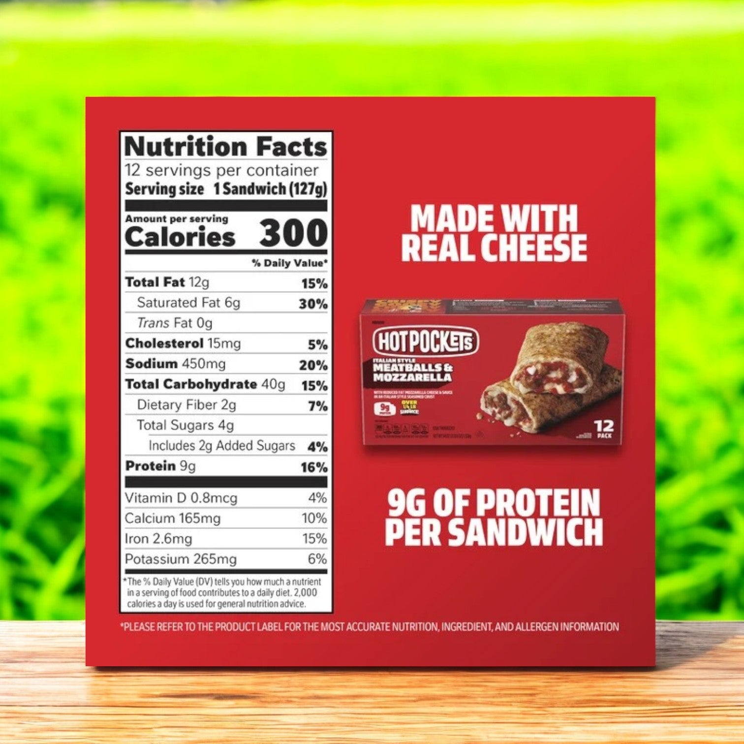 The Hot Pockets Italian Style box showcases the "Meatballs & Mozzarella" flavor with 9g protein per sandwich and real cheese. Ideal for variety lovers, including pepperoni pizza fans, it offers nutritional details for a 300-calorie serving.