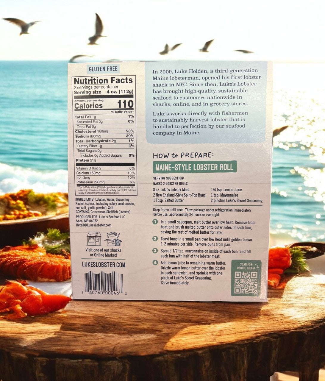 The back of Luke's Lobster Wild-Caught Lobster Meat package features succulent lobster meat with nutrition facts, preparation instructions using Luke's Secret Seasoning, and a company history. Seagulls soar over a sunny ocean backdrop. Brand: Easy Lunches. Size: 8 oz, 1 Count.