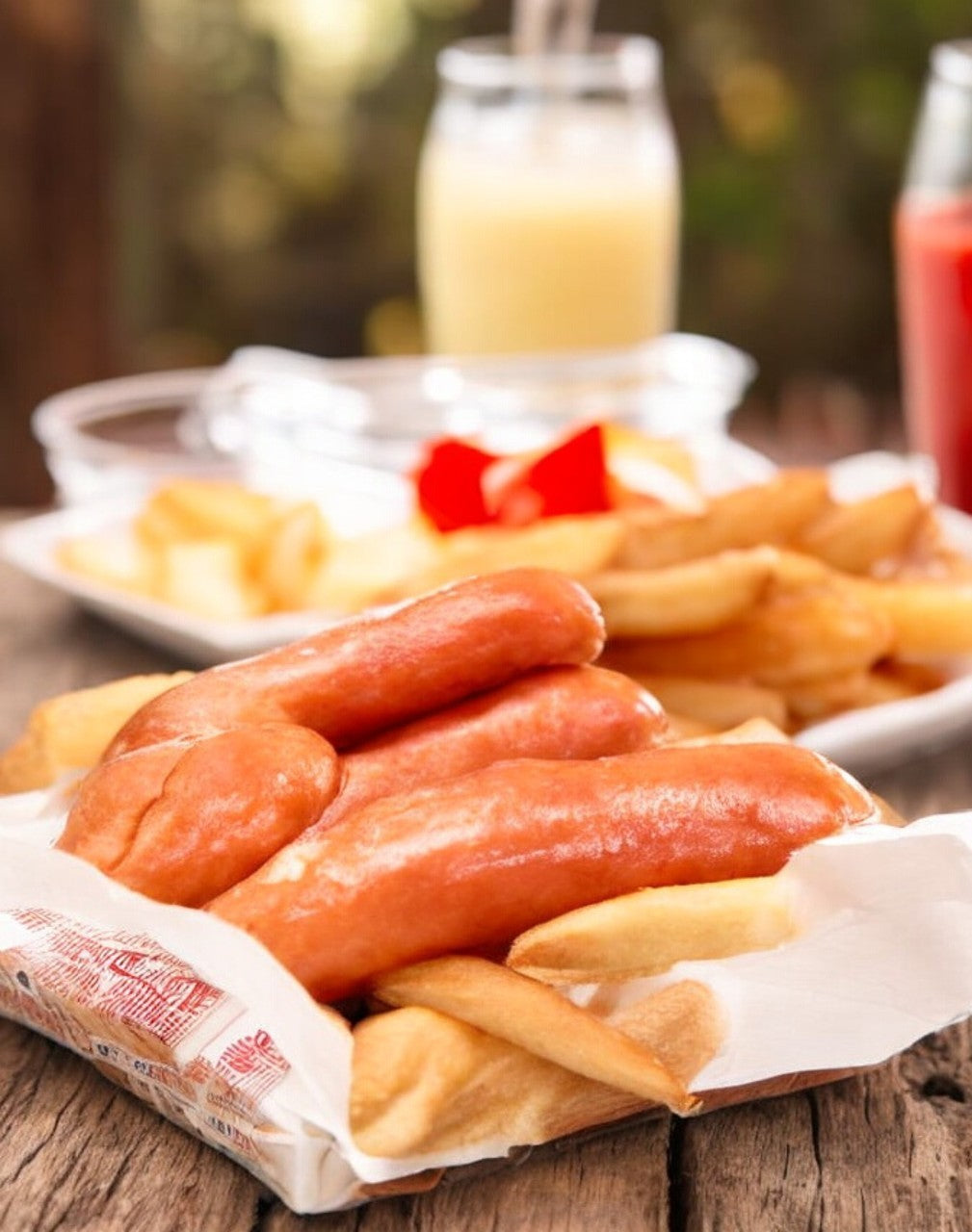 Vienna Beef Frankfurter and fries rest enticingly on a paper tray, with blurred drinks behind them, highlighting a Chicago classic.