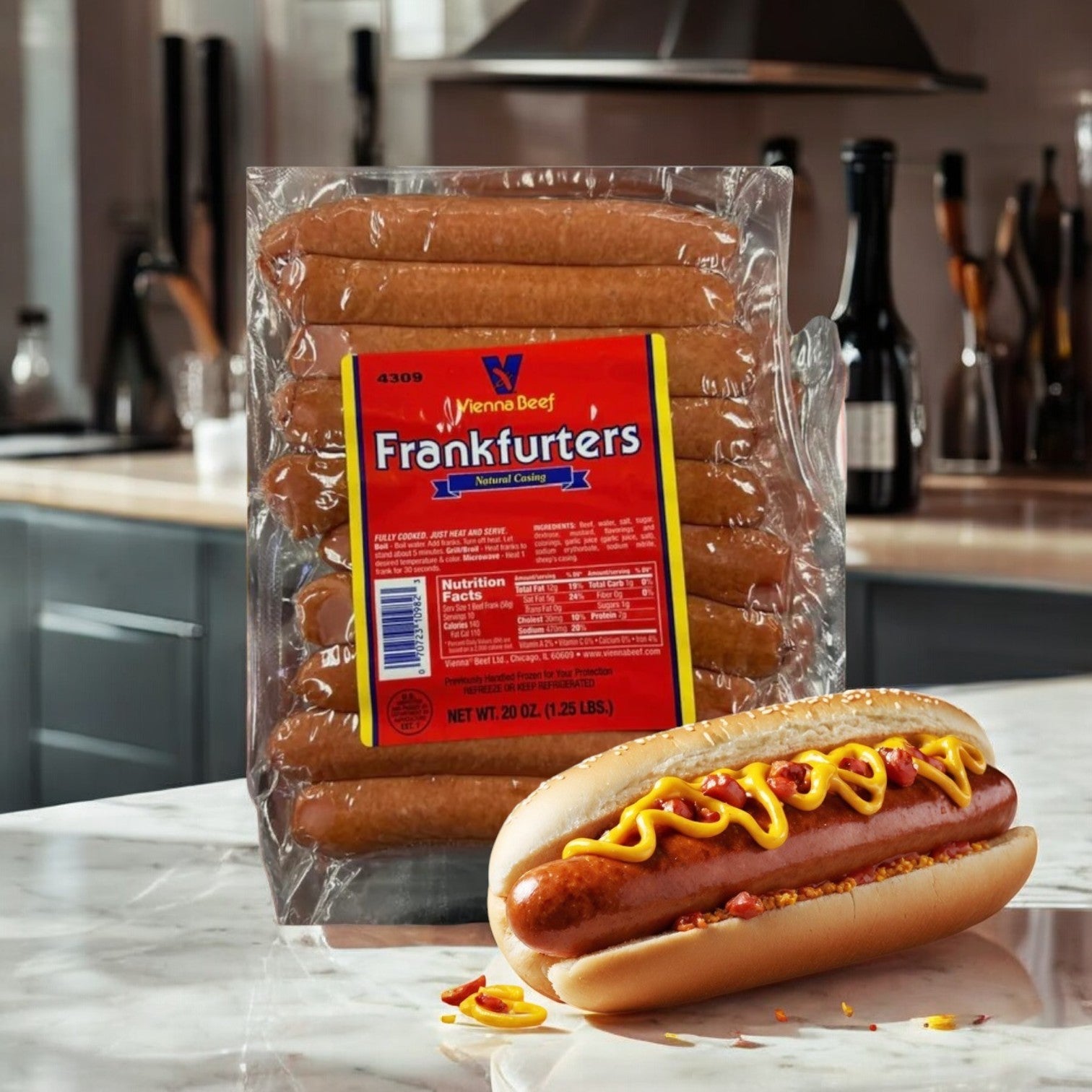 A Vienna Beef Frankfurter, a true Chicago staple, is on the counter. In front, a grilled hot dog with mustard and ketchup rests in a soft bun.