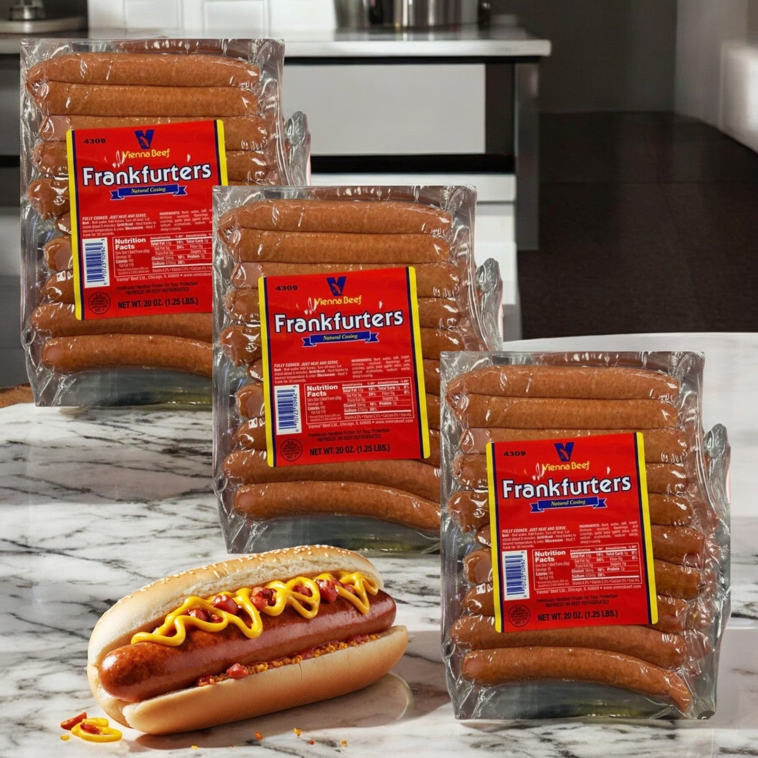Vienna Beef Frankfurters- 3 Count is displayed on a kitchen counter with a cooked sausage in a bun topped with mustard and ketchup, highlighting Chicago's iconic premium-quality hot dogs.