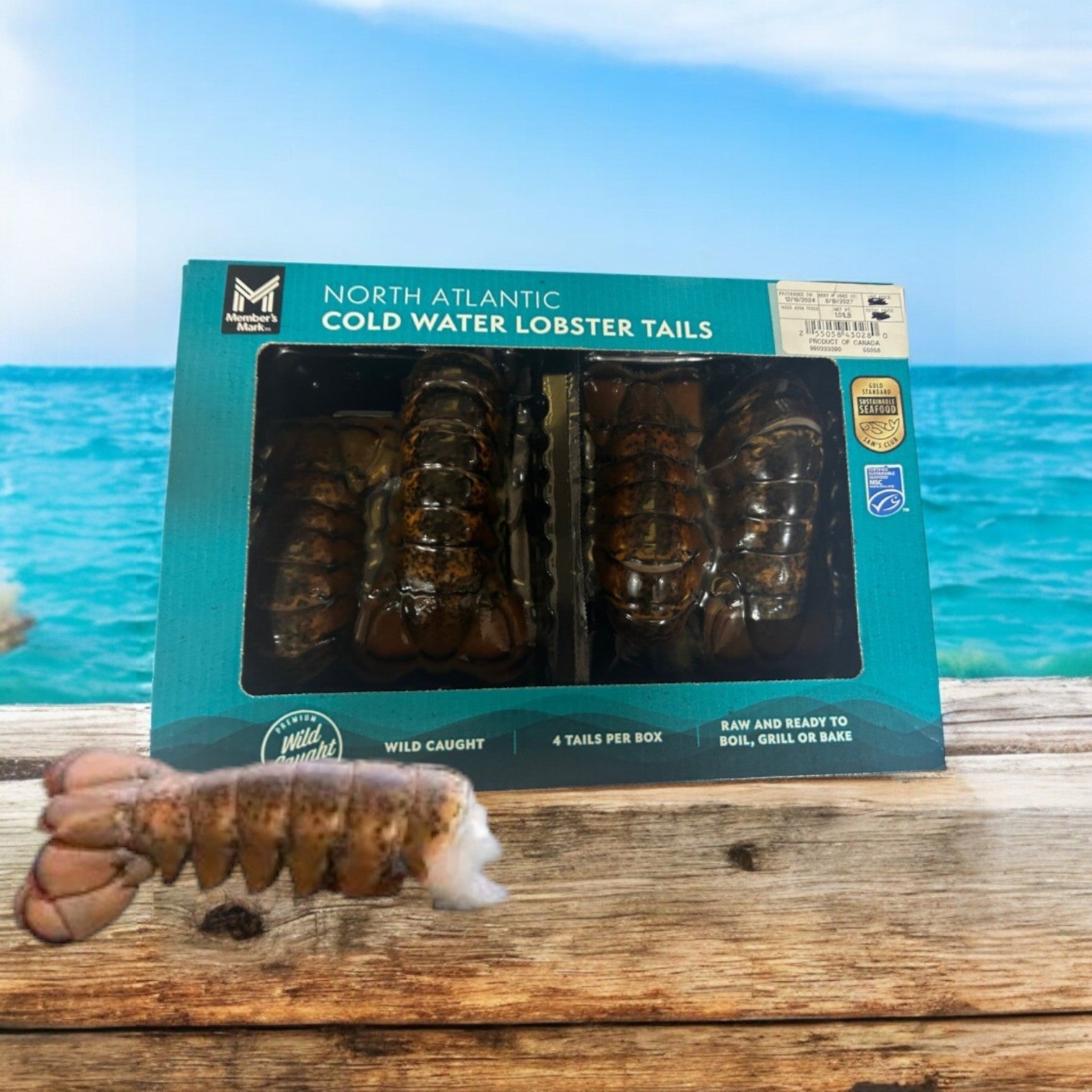 A box of Member's Mark Cold Water Lobster Tails, frozen and packaged in sets of four, captured with an ocean backdrop.