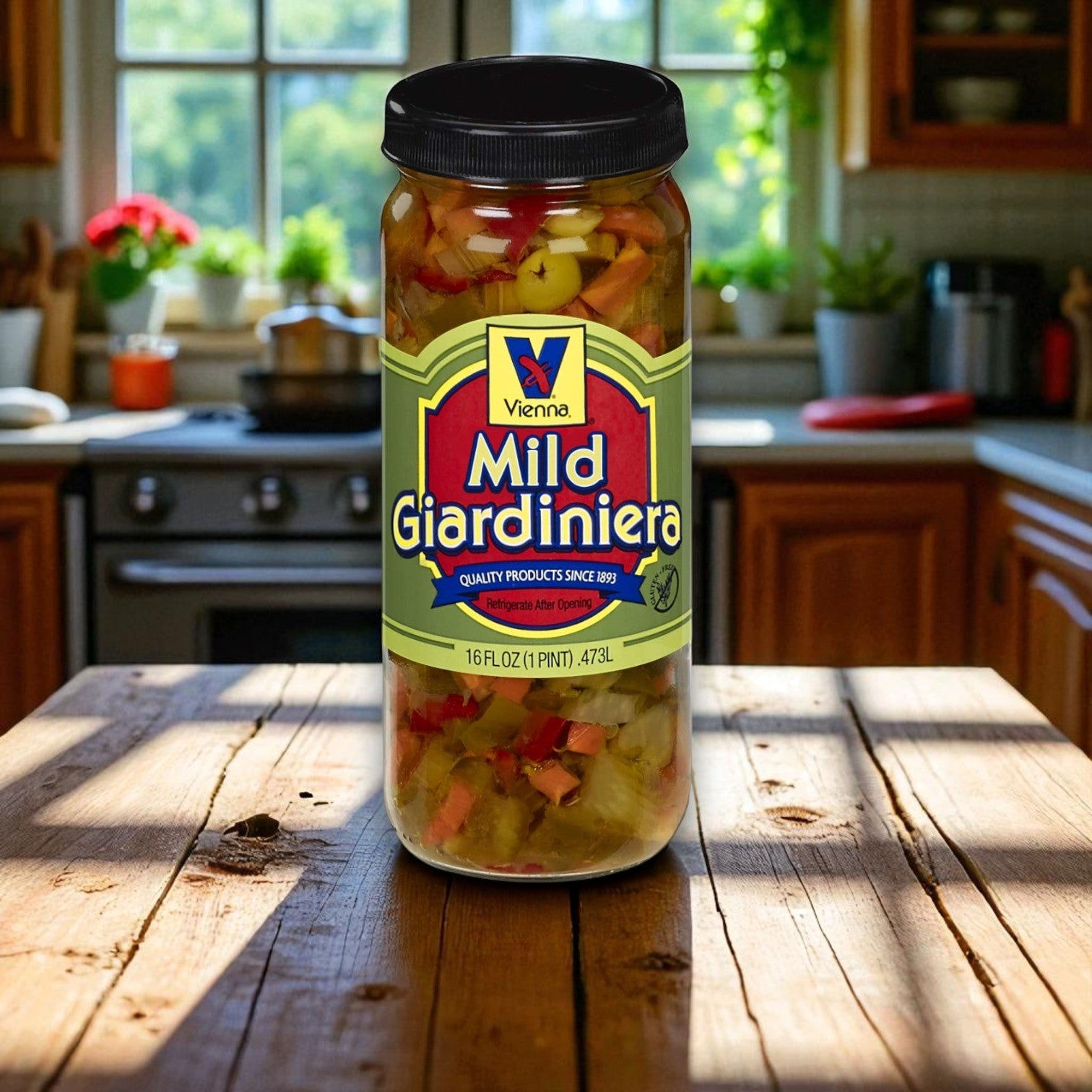 A jar of Endless Market Joey’s Italian-Style Sliced Beef & Vienna Beef Giardiniera Combo sits on a wooden kitchen table, ready to add flavor to your Chicago-style sandwiches, with a stove and sunny windows in the background.