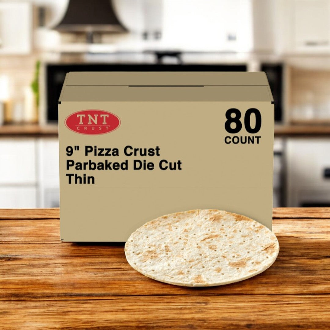 TNT 9" Pizza Crust Parbaked Die Cut Thin 80ct- 1 Case