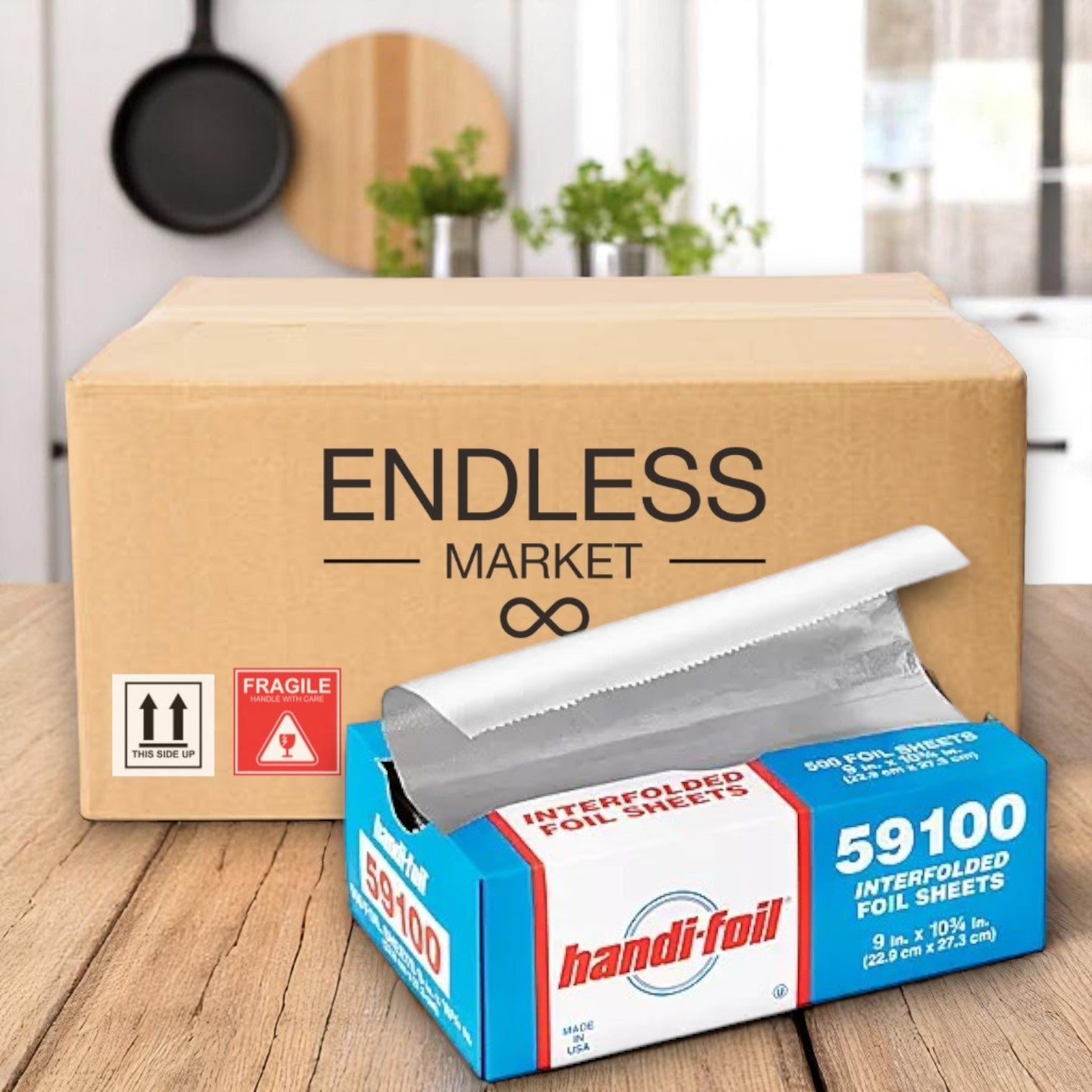 A box labeled "Endless Market" sits on a table behind an open box of Handi-Foil of America Pop-Up Foil Sheets – 9" x 10.75", 500 ct, 6 packs per case in a kitchen setting.