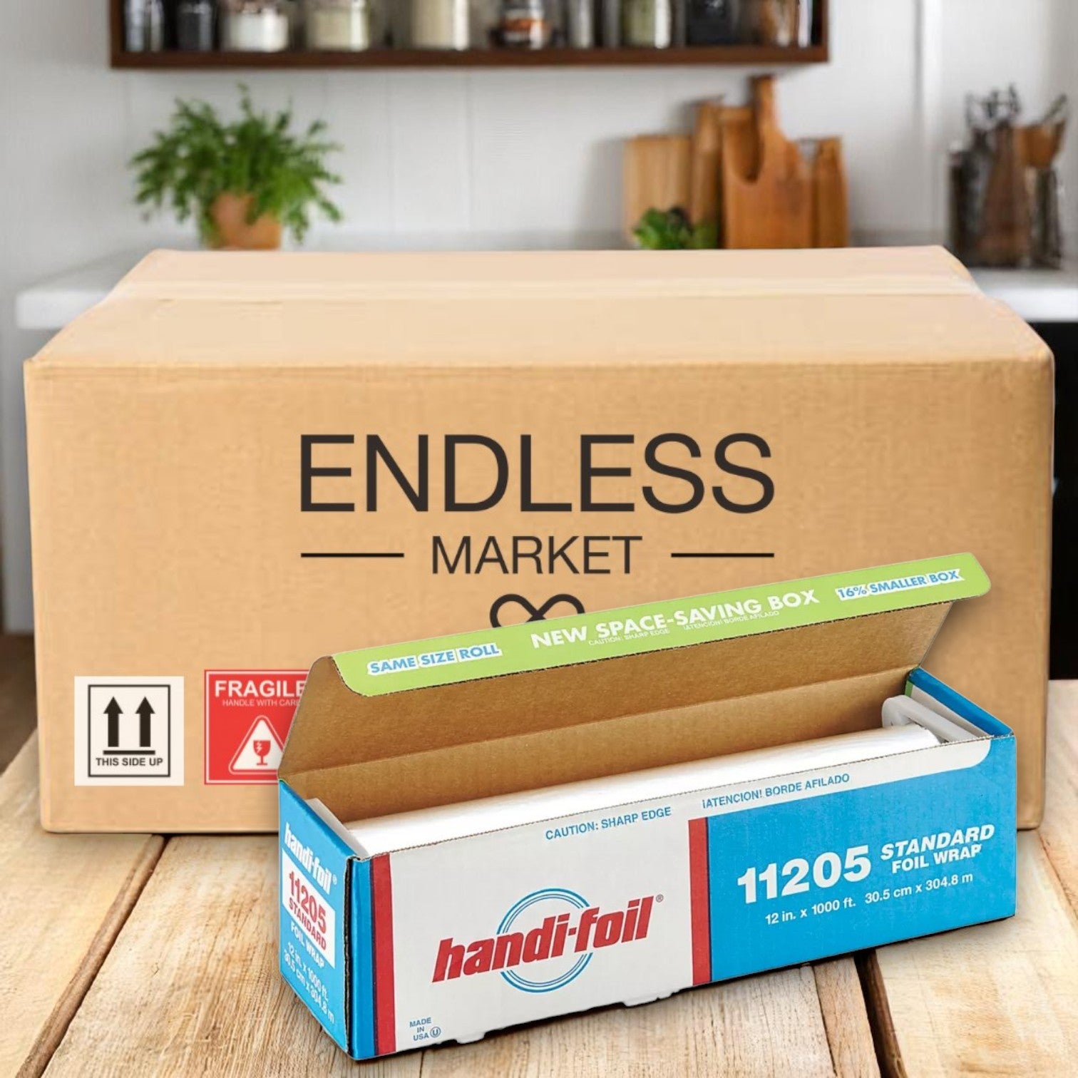 A cardboard box labeled "Endless Market" sits on a kitchen counter behind an open box of Handi-Foil of America HFA 12" x 1000' Standard Weight Foil Roll – Commercial Grade.